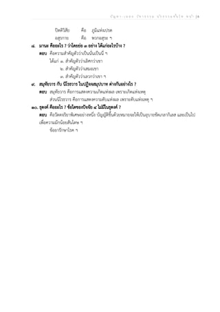 ป ัญ ห า - เ ฉ ล ย ว ิช า ธ ร ร ม น ัก ธ ร ร ม ช ั้น โ ท ห น ้า | 6
ปิตติวิสัย คือ ภูมิแห่งเปรต
อสุรกาย คือ พวกอสุระ ฯ
๘. มานะ คืออะไร ? ว่าโดยย่อ ๓ อย่าง ได้แก่อะไรบ้าง ?
ตอบ คือความสำคัญตัวว่าเป็นนั่นเป็นนี่ ฯ
ได้แก่ ๑. สำคัญตัวว่าเลิศกว่าเขา
๒. สำคัญตัวว่าเสมอเขา
๓. สำคัญตัวว่าเลวกว่าเขา ฯ
๙. สมุทัยวาร กับ นิโรธวาร ในปฏิจจสมุปบาท ต่างกันอย่างไร ?
ตอบ สมุทัยวาร คือการแสดงความเกิดแห่งผล เพราะเกิดแห่งเหตุ
ส่วนนิโรธวาร คือการแสดงความดับแห่งผล เพราะดับแห่งเหตุ ฯ
๑๐. ธุดงค์ คืออะไร ? ข้อใดของปัจจัย ๔ ไม่มีในธุดงค์ ?
ตอบ คือวัตตจริยาพิเศษอย่างหนึ่ง บัญญัติขึ้นด้วยหมายจะให้เป็นอุบายขัดเกลากิเลส และเป็นไป
เพื่อความมักน้อยสันโดษ ฯ
ข้อยารักษาโรค ฯ
 