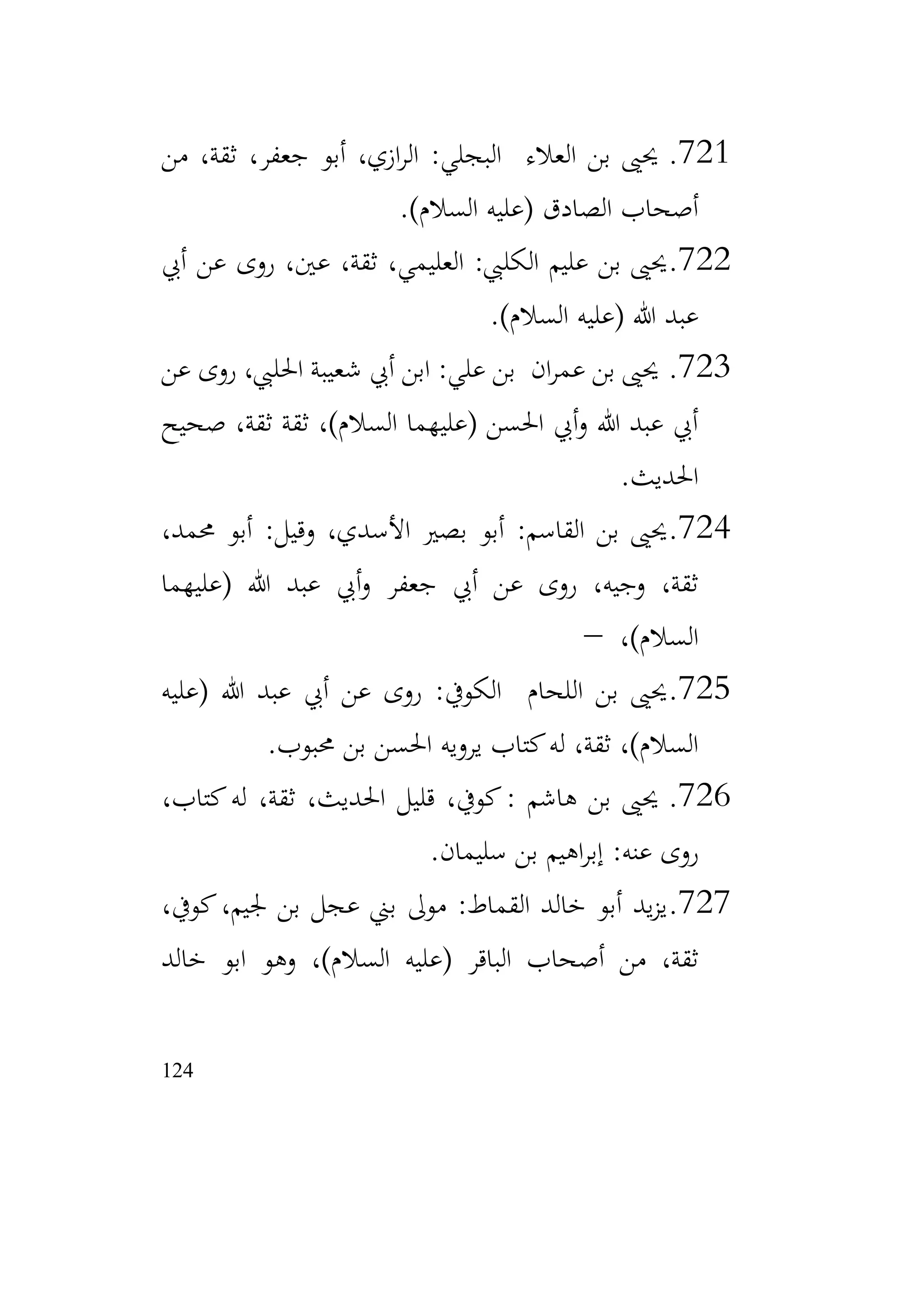 124
721
.
‫من‬ ،‫ثقة‬ ،‫جعفر‬ ‫أبو‬ ،‫ازي‬‫ر‬‫ال‬ :‫البجلي‬ ‫العالء‬ ‫بن‬ ‫حيىي‬
)‫السالم‬ ‫(عليه‬ ‫الصادق‬ ‫أصحاب‬
.
722
.
‫أيب‬ ‫عن‬ ‫روى‬ ،‫عني‬ ،‫ثقة‬ ،‫العليمي‬ :‫الكليب‬ ‫عليم‬ ‫بن‬ ‫حيىي‬
)‫السالم‬ ‫(عليه‬ ‫هللا‬ ‫عبد‬
.
723
.
‫عن‬ ‫روى‬ ،‫احلليب‬ ‫شعيبة‬ ‫أيب‬ ‫ابن‬ :‫علي‬ ‫بن‬ ‫ان‬‫ر‬‫عم‬ ‫بن‬ ‫حيىي‬
‫صحيح‬ ،‫ثقة‬ ‫ثقة‬ ،)‫السالم‬ ‫(عليهما‬ ‫احلسن‬ ‫أيب‬‫و‬ ‫هللا‬ ‫عبد‬ ‫أيب‬
‫احلديث‬
.
724
.
،‫حممد‬ ‫أبو‬ :‫وقيل‬ ،‫األسدي‬ ‫بصري‬ ‫أبو‬ :‫القاسم‬ ‫بن‬ ‫حيىي‬
‫(عليهما‬ ‫هللا‬ ‫عبد‬ ‫أيب‬‫و‬ ‫جعفر‬ ‫أيب‬ ‫عن‬ ‫روى‬ ،‫وجيه‬ ،‫ثقة‬
،)‫السالم‬
–
725
.
‫(عليه‬ ‫هللا‬ ‫عبد‬ ‫أيب‬ ‫عن‬ ‫روى‬ :‫الكويف‬ ‫اللحام‬ ‫بن‬ ‫حيىي‬
‫حمبوب‬ ‫بن‬ ‫احلسن‬ ‫يرويه‬ ‫كتاب‬‫له‬ ،‫ثقة‬ ،)‫السالم‬
.
726
.
،‫كتاب‬‫له‬ ،‫ثقة‬ ،‫احلديث‬ ‫قليل‬ ،‫كويف‬: ‫هاشم‬ ‫بن‬ ‫حيىي‬
‫سليمان‬ ‫بن‬ ‫اهيم‬‫ر‬‫إب‬ :‫عنه‬ ‫روى‬
.
727
.
،‫كويف‬،‫جليم‬ ‫بن‬ ‫عجل‬ ‫بين‬ ‫موىل‬ :‫القماط‬ ‫خالد‬ ‫أبو‬ ‫يد‬‫ز‬‫ي‬
‫خالد‬ ‫ابو‬ ‫وهو‬ ،)‫السالم‬ ‫(عليه‬ ‫الباقر‬ ‫أصحاب‬ ‫من‬ ،‫ثقة‬
 