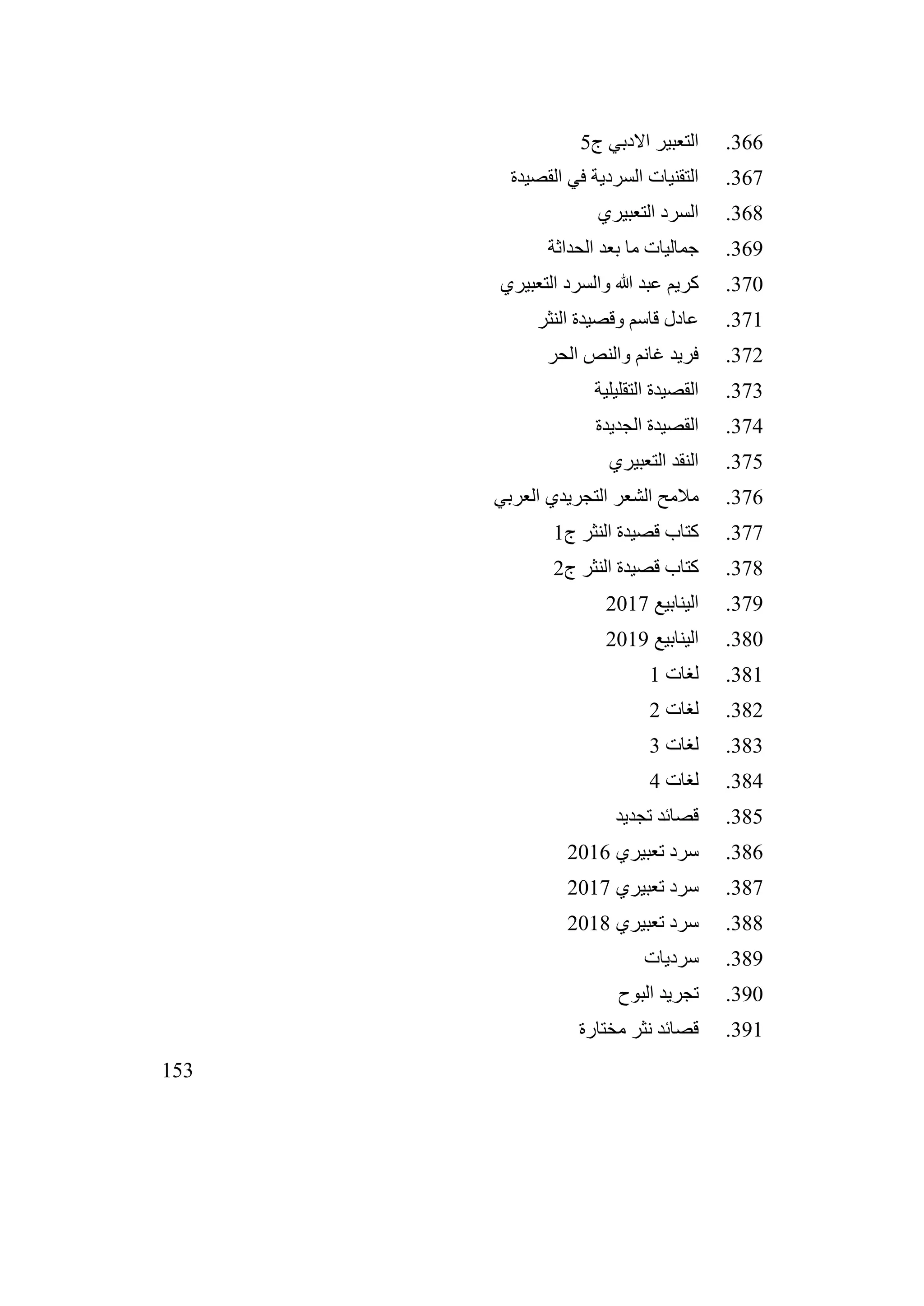 153
366
.
‫ج‬ ‫االدبي‬ ‫التعبير‬
5
367
.
‫القصيدة‬ ‫في‬ ‫السردية‬ ‫التقنيات‬
368
.
‫التعبيري‬ ‫السرد‬
369
.
‫الحداثة‬ ‫بعد‬ ‫ما‬ ‫جماليات‬
370
.
‫التعبيري‬ ‫والسرد‬ ‫هللا‬ ‫عبد‬ ‫كريم‬
371
.
‫النثر‬ ‫وقصيدة‬ ‫قاسم‬ ‫عادل‬
372
.
‫الحر‬ ‫والنص‬ ‫غانم‬ ‫فريد‬
373
.
‫التقليلية‬ ‫القصيدة‬
374
.
‫الجديدة‬ ‫القصيدة‬
375
.
‫التعبيري‬ ‫النقد‬
376
.
‫العربي‬ ‫التجريدي‬ ‫الشعر‬ ‫مالمح‬
377
.
‫ج‬ ‫النثر‬ ‫قصيدة‬ ‫كتاب‬
1
378
.
‫ج‬ ‫النثر‬ ‫قصيدة‬ ‫كتاب‬
2
379
.
‫الينابيع‬
2017
380
.
‫الينابيع‬
2019
381
.
‫لغات‬
1
382
.
‫لغات‬
2
383
.
‫لغات‬
3
384
.
‫لغات‬
4
385
.
‫تجديد‬ ‫قصائد‬
386
.
‫تعبيري‬ ‫سرد‬
2016
387
.
‫تعبيري‬ ‫سرد‬
2017
388
.
‫تعبيري‬ ‫سرد‬
2018
389
.
‫سرديات‬
390
.
‫البوح‬ ‫تجريد‬
391
.
‫مختارة‬ ‫نثر‬ ‫قصائد‬
 