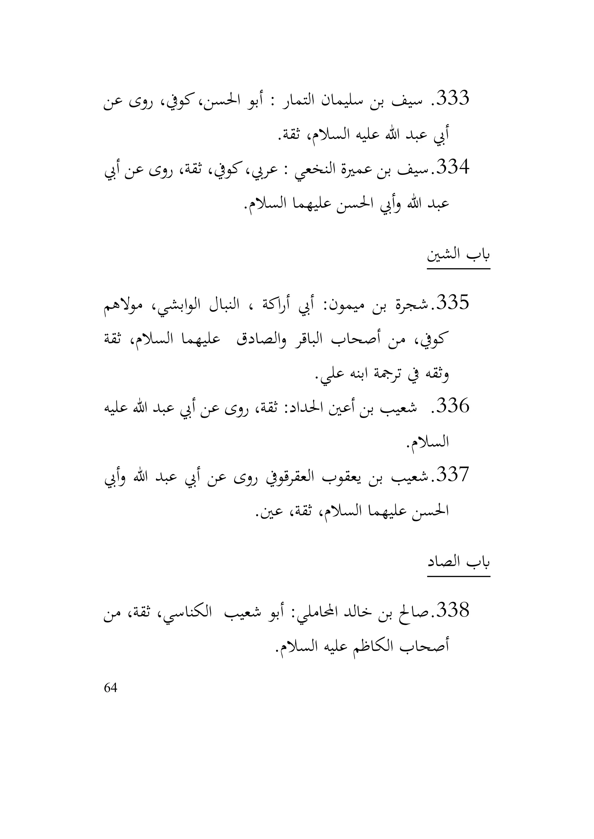 64
333
.
‫عن‬ ‫روى‬ ،‫كويف‬،‫احلسن‬ ‫أبو‬ : ‫التمار‬ ‫سليمان‬ ‫بن‬ ‫سيف‬
‫ثقة‬ ،‫السالم‬ ‫عليه‬ ‫هللا‬ ‫عبد‬ ‫أيب‬
.
334
.
‫أيب‬ ‫عن‬ ‫روى‬ ،‫ثقة‬ ،‫كويف‬،‫عريب‬ : ‫النخعي‬ ‫عمرية‬ ‫بن‬ ‫سيف‬
‫السالم‬ ‫عليهما‬ ‫احلسن‬ ‫أيب‬‫و‬ ‫هللا‬ ‫عبد‬
.
‫الشني‬ ‫ابب‬
335
.
‫موالهم‬ ،‫ابشي‬‫و‬‫ال‬ ‫النبال‬ ، ‫اكة‬‫ر‬‫أ‬ ‫أيب‬ :‫ميمون‬ ‫بن‬ ‫شجرة‬
‫ثقة‬ ،‫السالم‬ ‫عليهما‬ ‫الصادق‬‫و‬ ‫الباقر‬ ‫أصحاب‬ ‫من‬ ،‫كويف‬
‫علي‬ ‫ابنه‬ ‫ترمجة‬ ‫يف‬ ‫وثقه‬
.
336
.
‫عليه‬ ‫هللا‬ ‫عبد‬ ‫أيب‬ ‫عن‬ ‫روى‬ ،‫ثقة‬ :‫احلداد‬ ‫أعني‬ ‫بن‬ ‫شعيب‬
‫السالم‬
.
337
.
‫أيب‬‫و‬ ‫هللا‬ ‫عبد‬ ‫أيب‬ ‫عن‬ ‫روى‬ ‫العقرقويف‬ ‫يعقوب‬ ‫بن‬ ‫شعيب‬
‫عني‬ ،‫ثقة‬ ،‫السالم‬ ‫عليهما‬ ‫احلسن‬
.
‫الصاد‬ ‫ابب‬
338
.
‫من‬ ،‫ثقة‬ ،‫الكناسي‬ ‫شعيب‬ ‫أبو‬ :‫احملاملي‬ ‫خالد‬ ‫بن‬ ‫صاحل‬
‫السالم‬ ‫عليه‬ ‫الكاظم‬ ‫أصحاب‬
.
 