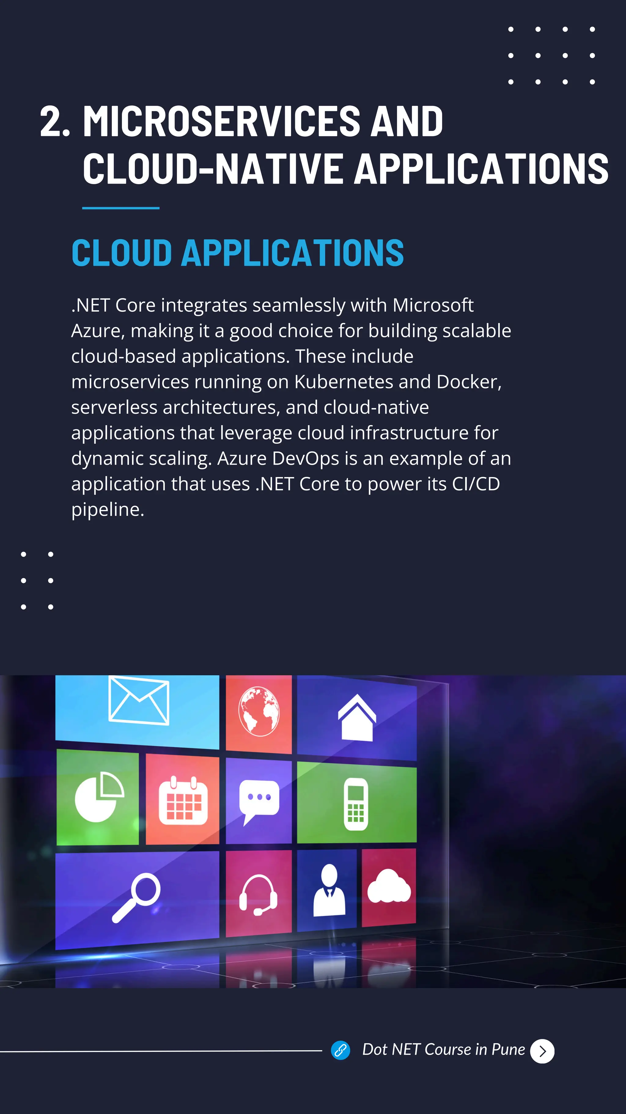 MICROSERVICES AND
CLOUD-NATIVE APPLICATIONS
.NET Core integrates seamlessly with Microsoft
Azure, making it a good choice for building scalable
cloud-based applications. These include
microservices running on Kubernetes and Docker,
serverless architectures, and cloud-native
applications that leverage cloud infrastructure for
dynamic scaling. Azure DevOps is an example of an
application that uses .NET Core to power its CI/CD
pipeline.
CLOUD APPLICATIONS
2.
Dot NET Course in Pune
 