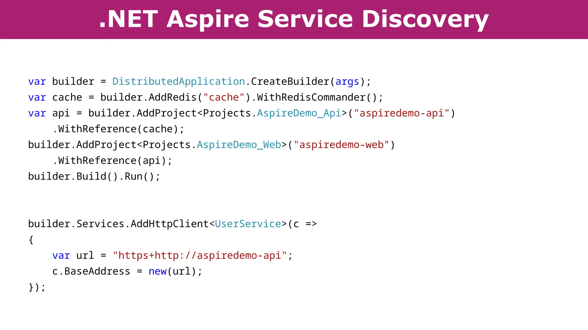 .NET Aspire Service Discovery
var builder = DistributedApplication.CreateBuilder(args);
var cache = builder.AddRedis("cache").WithRedisCommander();
var api = builder.AddProject<Projects.AspireDemo_Api>("aspiredemo-api")
.WithReference(cache);
builder.AddProject<Projects.AspireDemo_Web>("aspiredemo-web")
.WithReference(api);
builder.Build().Run();
builder.Services.AddHttpClient<UserService>(c =>
{
var url = "https+http://aspiredemo-api";
c.BaseAddress = new(url);
});
 