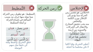 ‫الحركة‬ ‫زمن‬ ‫اإلختالس‬
‫مطيط‬َّ‫الت‬
:
‫الحركة‬ ‫زمن‬ ‫تطويل‬ ‫هو‬ ‫التمطيط‬
‫بسبب‬ ‫مد‬ ‫حرف‬ ‫منها‬ ‫يتولد‬ ‫مما‬
‫الحركة‬ ‫إشباع‬ ‫في‬ ‫المبالغة‬
‫التمطيط‬ ‫أمثلة‬ ‫و‬:
‫ف‬
َ‫م‬
-
‫ف‬ ‫يعمل‬ ‫ن‬
‫ا‬َ‫م‬
‫ن‬
‫يعمل‬
‫ِإ‬
- ‫ذين‬َّ‫ال‬ ّ‫ن‬
‫ي‬‫ِإ‬
‫ذين‬َّ‫ال‬ ّ‫ن‬
ُ‫ك‬
- ‫نتم‬
‫وو‬ُ‫ك‬
‫نتم‬
:
‫زمن‬ ‫تقصير‬ ‫هو‬ ‫االختالس‬
‫إلى‬ ‫يؤدي‬ ‫مما‬ ‫الحركة‬
‫الكلمة‬ ‫بوزن‬ ‫اإلخالل‬
‫وللتخلص‬
‫المخارج‬ ‫تحقيق‬ ‫يجب‬ ‫منه‬
‫الحركات‬ ‫الى‬ ‫واالنتقال‬
‫أزمنة‬ ‫بين‬ ‫والتسويه‬
‫الحركات‬
) ( :
‫م‬ُ‫ك‬ُ‫ظ‬ِ‫ع‬َ‫ي‬ ‫مثل‬
‫حركة‬ ‫هنا‬ ‫تختلس‬
‫الظاء‬
‫كافيا‬ ‫وقتا‬ ‫التحريك‬ ‫أعطي‬
‫أعجله‬ ‫ما‬ ‫مختلسا‬ ‫تكن‬ ‫ال‬
‫وقته‬ ‫واضبط‬ ‫التحريك‬ ‫حقق‬
‫سهم‬ ‫مثل‬ً‫دقيقا‬ ‫كن‬
‫البوصلة‬
 
