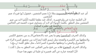 ُّ‫ل‬‫ــــــــ‬ُ‫ك‬َ‫و‬
‫ـــــــــــــــــــوم‬ُ‫م‬ْ‫ض‬َ‫م‬
‫ــــــــــا‬َّ‫م‬‫ـ‬ِ‫ت‬َ‫ي‬ ْ‫ــــــــــن‬َ‫ل‬َ‫ف‬ ٍ
ِ‫ن‬ْ‫ــــــــــــــــــــــــــــي‬َ‫َت‬‫ف‬ َّ‫الش‬ ِّ‫م‬‫ــــــــــــــــ‬َ‫ض‬‫ـ‬ِ‫ب‬ ‫اَّل‬‫إ‬
‫ــــــــا‬َّ‫م‬‫ـ‬َ‫ض‬
ٍ‫َاض‬‫ف‬ِ‫خ‬ْ‫ان‬ ‫و‬ُ‫ذ‬َ‫و‬
ُّ‫م‬‫ـ‬ِ‫ت‬َ‫ي‬ ِ‫َـم‬‫ف‬ْ‫ل‬ِ‫ل‬ ٍ‫َاض‬‫ف‬ِ‫خ‬ْ‫ان‬ِ‫ب‬
‫و‬
ُ‫ح‬‫و‬ُ‫ْـــــــــــــت‬‫ف‬َ‫م‬ْ‫َال‬
ِ‫ـــــــــــم‬َ‫ه‬ْ‫ف‬‫ا‬ ِ‫ـح‬ْ‫َت‬‫ف‬ْ‫ال‬ِ‫ب‬
‫بالباء‬ ‫النطق‬ ‫عند‬ ‫أى‬
‫المضمومة‬
) ( ) (
‫ضم‬ ‫فيزداد‬ ‫و‬ُ‫ب‬ ‫فنقول‬ ، ‫الشفتين‬ ‫نضم‬ ُ‫ب‬ ‫مثال‬
‫فتين‬ ّ‫الش‬
) ( .
‫ضم‬ ‫من‬ ‫البد‬ ‫م‬ُ‫نت‬ُ‫ك‬ ‫لكلمة‬ ‫نطقنا‬ ‫عند‬ ‫كذلك‬ ‫قصيرة‬ ‫واو‬ ‫عن‬ ‫عبارة‬ ‫مة‬ّ‫ض‬‫ال‬ ‫ألن‬
) (
‫الحالتين‬ ‫فى‬ ‫الضمة‬ ‫صوت‬ ‫يتساوى‬ ‫أن‬ ‫البد‬ ‫أي‬ ‫ونوا‬ُ‫ك‬ ‫بكلمة‬ ‫النطق‬ ‫مثل‬ ‫الشفتين‬
) (
‫كمثله‬ ‫نظيره‬ ‫في‬ ‫واللفظ‬
‫الحرف‬ ‫وكذلك‬
‫المكسور‬
) (
‫الكسر‬ ‫تحقيق‬ ‫من‬ ‫بد‬ff‫ال‬ ‫باالنخفاض‬ ‫عنه‬ ‫يعبر‬ ‫ما‬ ‫وهو‬
) (
‫في‬ ‫الراء‬ ‫كسرة‬ ‫تحقيق‬ ‫من‬ ‫البد‬ ‫ايضا‬ ِ‫ه‬‫الل‬ِ‫سم‬ِ‫ب‬ ‫مثل‬ ‫والفتحة‬ ‫الكسرة‬ ‫بين‬ ‫والننطقها‬
) ( ) (
ffٍ‫يح‬ffِ‫ر‬ ‫كلمة‬ ‫نطق‬ ‫مثل‬ ffً‫تاما‬‫كسرا‬ ‫مكسورة‬ ‫ونطقها‬ ‫ب‬ِ‫والمغر‬ ‫ق‬ِ‫المشر‬
‫الحرف‬ ‫وكذلك‬
‫المفتوح‬
) (
َ‫ب‬َ‫ت‬َ‫ك‬ ‫مثل‬ ‫به‬ ‫النطق‬ ‫عند‬ ‫الفكين‬ ‫مابين‬ ‫فتح‬ ‫من‬ ‫فالبد‬
) (
‫جيدا‬ ‫هذا‬ ‫نفهم‬ ‫ان‬ ‫علينا‬ ‫و‬ ‫قصيرة‬ ‫ألف‬ ‫عن‬ ‫عبارة‬ ‫الفتحة‬ ّ‫ن‬‫أل‬
 