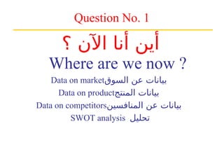 Question No. 1
Where are we now ?
Data on market‫السوق‬ ‫عن‬ ‫بيانات‬
Data on product‫المنتج‬ ‫بيانات‬
Data on competitors‫المنافسين‬ ‫عن‬ ‫بيانات‬
SWOT analysis ‫تحليل‬
‫؟‬ ‫اآلن‬ ‫أنا‬ ‫أين‬
 