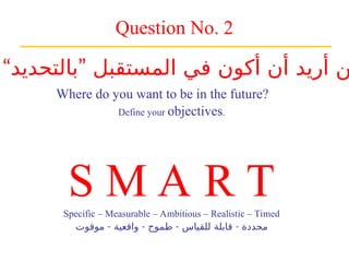 Question No. 2
Where do you want to be in the future?
Define your objectives.
S M A R T
Specific – Measurable – Ambitious – Realistic – Timed
- - - -
‫موقوت‬ ‫واقعية‬ ‫طموح‬ ‫للقياس‬ ‫قابلة‬ ‫محددة‬
“ ”
‫بالتحديد‬ ‫المستقبل‬ ‫في‬ ‫أكون‬ ‫أن‬ ‫أريد‬ ‫ن‬
 