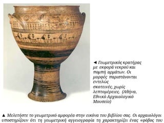 ◄ Γεωμετρικός κρατήρας
με εκφορά νεκρού και
πομπή αρμάτων. Οι
μορφές παριστάνονται
εντελώς
σκοτεινές, χωρίς
λεπτομέρειες. (Αθήνα,
Εθνικό Αρχαιολογικό
Μουσείο)
▲ Μελετήστε το γεωμετρικό αμφορέα στην εικόνα του βιβλίου σας. Οι αρχαιολόγοι
υποστηρίζουν ότι τη γεωμετρική αγγειογραφία τη χαρακτηρίζει ένας «φόβος του
 