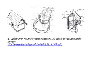 ▲ Ορθογώνιο, καμπυλόγραμμο και κυκλικό κτίριο της Γεωμετρικής
Εποχής
http://museduc.gr/docs/Istoria/A/LAI_K3K4.pdf.
 