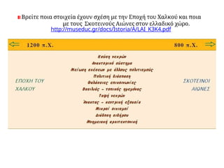 Βρείτε ποια στοιχεία έχουν σχέση με την Εποχή του Χαλκού και ποια
με τους Σκοτεινούς Αιώνες στον ελλαδικό χώρο.
http://museduc.gr/docs/Istoria/A/LAI_K3K4.pdf
 