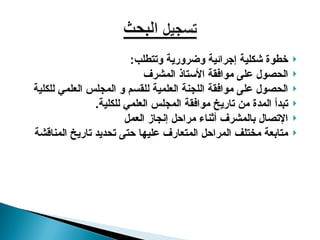 
:‫وتتطلب‬ ‫وضرورية‬ ‫إجرائية‬ ‫شكلية‬ ‫خطوة‬

‫المشرف‬ ‫األستاذ‬ ‫موافقة‬ ‫على‬ ‫الحصول‬

‫للكلية‬ ‫العلمي‬ ‫المجلس‬ ‫و‬ ‫للقسم‬ ‫العلمية‬ ‫اللجنة‬ ‫موافقة‬ ‫على‬ ‫الحصول‬

.‫للكلية‬ ‫العلمي‬ ‫المجلس‬ ‫موافقة‬ ‫تاريخ‬ ‫من‬ ‫المدة‬ ‫تبدأ‬

‫العمل‬ ‫إنجاز‬ ‫مراحل‬ ‫أثناء‬ ‫بالمشرف‬ ‫اإلتصال‬

‫المناقشة‬ ‫تاريخ‬ ‫تحديد‬ ‫حتى‬ ‫عليها‬ ‫المتعارف‬ ‫المراحل‬ ‫مختلف‬ ‫متابعة‬
 