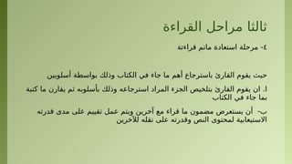 ‫القراءة‬ ‫مراحل‬ ‫ثالثا‬
٤
‫قراءتة‬ ‫ماتم‬ ‫استعادة‬ ‫مرحلة‬ -
‫أسلوبين‬ ‫بواسطة‬ ‫وذلك‬ ‫الكتاب‬ ‫في‬ ‫جاء‬ ‫ما‬ ‫أهم‬ ‫باسترجاع‬ ‫القارئ‬ ‫يقوم‬ ‫حيث‬
‫كتبة‬ ‫ما‬ ‫يقارن‬ ‫ثم‬ ‫بأسلوبه‬ ‫وذلك‬ ‫استرجاعه‬ ‫المراد‬ ‫الجزء‬ ‫بتلخيص‬ ‫القارئ‬ ‫يقوم‬ ‫ان‬ .‫ا‬
‫الكتاب‬ ‫في‬ ‫جاء‬ ‫بما‬
‫قدرته‬ ‫مدى‬ ‫على‬ ‫تقييم‬ ‫عمل‬ ‫ويتم‬ ‫آخرين‬ ‫مع‬ ‫قراء‬ ‫ما‬ ‫مضمون‬ ‫يستعرض‬ ‫أن‬ -‫ب‬
‫لآلخرين‬ ‫نقله‬ ‫على‬ ‫وقدرته‬ ‫النص‬ ‫لمحتوى‬ ‫االستيعابية‬
 