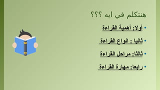‫؟؟؟‬ ‫ايه‬ ‫في‬ ‫هنتكلم‬
•
‫أوال‬
:
‫القراءة‬ ‫أهمية‬
•
‫القراءة‬ ‫انواع‬ : ‫ثانيا‬
•
‫ثالثا‬
:
‫القراءة‬ ‫مراحل‬
•
‫القراءة‬ ‫مهارة‬ :‫رابعا‬
 