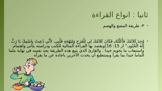 :
‫القراءة‬ ‫انواع‬ ‫ثانيا‬
•
۳
‫والهضم‬ ‫المضغ‬ ‫طريقة‬ -
•
ُّ‫ب‬َ‫ر‬ ‫ا‬َ‫ي‬ َ‫ك‬ِ‫م‬ْ‫س‬‫ا‬ِ‫ب‬ ُ‫يت‬ِ‫ع‬ُ‫د‬ ‫ي‬ِّ‫ن‬‫َأل‬ ،‫ي‬ِ‫ب‬ْ‫ل‬َ‫ق‬ ِ‫ة‬َ‫ج‬ْ‫ه‬َ‫ب‬ِ‫ل‬َ‫و‬ ِ‫ح‬َ‫َر‬‫ف‬ْ‫ل‬ِ‫ل‬ ‫ي‬ِ‫ل‬ َ‫ك‬ُ‫م‬َ ‫ال‬َ‫ك‬ َ‫ن‬‫ا‬َ‫ك‬َ‫ف‬ •
،ُ‫ه‬ُ‫ت‬ْ‫ل‬َ‫ك‬‫َأ‬َ‫ف‬ َ‫ك‬ُ‫م‬َ ‫ال‬َ‫ك‬ َ‫د‬ِ‫ج‬ُ‫و‬
‫ار‬ ".ِ‫د‬‫و‬ُ‫ن‬ُ‫ج‬ْ‫ال‬ َ‫ه‬‫ل‬‫ِإ‬
15
:
16
‫واهتمام‬ ‫بتأنى‬ ‫ودراسته‬ ‫للكتب‬ ‫المثالية‬ ‫القراءة‬ ‫بها‬ ‫)ويقصد‬
‫ملما‬ ‫نهاية‬ ‫في‬ ‫نفسه‬ ‫يجد‬ ‫الطريقة‬ ‫هذه‬ ‫يتبع‬ ‫الذي‬ ‫والقارئ‬ . ‫جيدا‬ ‫يحويه‬ ‫ما‬ ‫واستيعاب‬
‫يقرأه‬ ‫ما‬ ‫عن‬ ‫باجادة‬ ‫األخرين‬ ‫يحدث‬ ‫أن‬ ‫ويستطيع‬ ‫يقرأ‬ ‫بما‬ ‫جيدا‬ ‫الماما‬
 