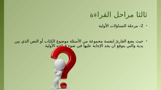 ‫القراءة‬ ‫مراحل‬ ‫ثالثا‬
•
2
‫األولية‬ ‫التساؤالت‬ ‫مرحلة‬ -
•
‫بين‬ ‫الذي‬ ‫النص‬ ‫أو‬ ‫الكتاب‬ ‫موضوع‬ ‫األسئلة‬ ‫من‬ ‫مجموعة‬ ‫لنفسة‬ ‫القارئ‬ ‫يضع‬ ‫حيث‬
‫األولية‬ ‫قراءته‬ ‫ضوء‬ ‫في‬ ‫عليها‬ ‫اإلجابة‬ ‫يجد‬ ‫أن‬ ‫يتوقع‬ ‫والتي‬ ‫يدية‬
 