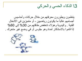 3
‫والحركي‬ ‫الحسي‬ ‫الذكاء‬ 
‫وأحاسيس‬ ‫حركات‬ ‫خالل‬ ‫من‬ ‫معرفتهم‬ ‫ويطورون‬ ‫يتعلمون‬
‫أجسامهم‬
‫غ‬
‫األشغال‬ ‫فى‬ ‫متميزين‬ ‫أو‬ ، ‫رياضيين‬ ‫يكونون‬ ‫ما‬ ً
‫ا‬‫الب‬
‫واليدوية‬ . ‫الفنية‬
‫و‬
‫هؤالء‬
‫من‬ ‫طاقتهم‬ ‫تنخفض‬
30
‫إلى‬ %
60
%
‫متحرك‬ ‫غير‬ ‫وضع‬ ‫في‬ ‫أو‬ ‫جلوس‬ ‫وهو‬ ‫لمدة‬ ‫باالستذكار‬ ‫قاموا‬ ‫إذا‬
.
 