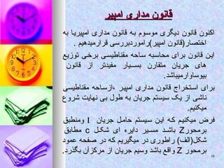 ‫امپیر‬ ‫مداری‬ ‫قانون‬
‫امپیر‬ ‫مداری‬ ‫قانون‬
‫به‬ ‫امپیریا‬ ‫مداری‬ ‫قانون‬ ‫به‬ ‫موسوم‬ ‫دیگری‬ ‫قانون‬ ‫اکنون‬
‫به‬ ‫امپیریا‬ ‫مداری‬ ‫قانون‬ ‫به‬ ‫موسوم‬ ‫دیگری‬ ‫قانون‬ ‫اکنون‬
. ‫قرارمیدهیم‬ ‫امپیر)راموردبررسی‬ ‫اختصار(قانون‬
. ‫قرارمیدهیم‬ ‫امپیر)راموردبررسی‬ ‫اختصار(قانون‬
‫توزیع‬ ‫برخی‬ ‫مقناطیسی‬ ‫ساحه‬ ‫محاسبه‬ ‫برای‬ ‫قانون‬ ‫این‬
‫توزیع‬ ‫برخی‬ ‫مقناطیسی‬ ‫ساحه‬ ‫محاسبه‬ ‫برای‬ ‫قانون‬ ‫این‬
‫قانون‬ ‫از‬ ‫مفیدتر‬ ‫یار‬ ‫بس‬ ‫متقارن‬ ‫جریان‬ ‫های‬
‫قانون‬ ‫از‬ ‫مفیدتر‬ ‫یار‬ ‫بس‬ ‫متقارن‬ ‫جریان‬ ‫های‬
.‫بیوساوارمیباشد‬
.‫بیوساوارمیباشد‬
‫مقناطیسی‬ ‫ازساحه‬، ‫امپیر‬ ‫مداری‬ ‫قانون‬ ‫استخراج‬ ‫برای‬
‫مقناطیسی‬ ‫ازساحه‬، ‫امپیر‬ ‫مداری‬ ‫قانون‬ ‫استخراج‬ ‫برای‬
‫سی‬ ‫یک‬ ‫از‬ ‫ناشی‬
‫سی‬ ‫یک‬ ‫از‬ ‫ناشی‬
‫س‬
‫س‬
‫شروع‬ ‫نهایت‬ ‫بی‬ ‫طول‬ ‫به‬ ‫جریان‬ ‫تم‬
‫شروع‬ ‫نهایت‬ ‫بی‬ ‫طول‬ ‫به‬ ‫جریان‬ ‫تم‬
.‫میکنیم‬
.‫میکنیم‬
‫جریان‬ ‫ل‬‫حام‬ ‫یستم‬‫س‬ ‫ن‬‫ای‬ ‫ه‬‫ک‬ ‫میکنیم‬ ‫فرض‬
‫جریان‬ ‫ل‬‫حام‬ ‫یستم‬‫س‬ ‫ن‬‫ای‬ ‫ه‬‫ک‬ ‫میکنیم‬ ‫فرض‬


‫ومنطبق‬
‫ومنطبق‬
‫برمحور‬
‫برمحور‬
Z
Z
‫ل‬ ‫شک‬ ‫ای‬ ‫دایره‬ ‫یر‬ ‫مس‬ ‫د‬ ‫باش‬
‫ل‬ ‫شک‬ ‫ای‬ ‫دایره‬ ‫یر‬ ‫مس‬ ‫د‬ ‫باش‬
c
c
‫مطابق‬
‫مطابق‬
‫عمود‬ ‫صفحه‬ ‫در‬ ‫که‬ ‫میگیریم‬ ‫در‬ ‫راطوری‬ )‫شکل(الف‬
‫عمود‬ ‫صفحه‬ ‫در‬ ‫که‬ ‫میگیریم‬ ‫در‬ ‫راطوری‬ )‫شکل(الف‬
‫برمحور‬
‫برمحور‬
Z
Z
.‫بگذرد‬ ‫مرکزآن‬ ‫از‬ ‫جریان‬ ‫وسیم‬ ‫باشد‬ ‫واقع‬
.‫بگذرد‬ ‫مرکزآن‬ ‫از‬ ‫جریان‬ ‫وسیم‬ ‫باشد‬ ‫واقع‬ 19
19
 