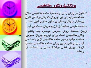 ‫پ‬
‫پ‬
‫و‬
‫و‬
‫مقناطیسی‬ ‫وکتور‬ ‫تانشیل‬
‫مقناطیسی‬ ‫وکتور‬ ‫تانشیل‬
‫ساکن‬ ‫مقناطیسی‬ ‫ساحه‬ ‫محاسبه‬ ‫برای‬ ‫را‬ ‫روش‬ ‫دو‬ ‫کنون‬ ‫تاا‬
‫ساکن‬ ‫مقناطیسی‬ ‫ساحه‬ ‫محاسبه‬ ‫برای‬ ‫را‬ ‫روش‬ ‫دو‬ ‫کنون‬ ‫تاا‬
‫قانون‬ ‫براساس‬ ‫یکی‬ ‫که‬ ‫دوروش‬ ‫این‬ ‫در‬. ‫نمودیم‬ ‫مطالعه‬
‫قانون‬ ‫براساس‬ ‫یکی‬ ‫که‬ ‫دوروش‬ ‫این‬ ‫در‬. ‫نمودیم‬ ‫مطالعه‬
. ‫است‬ ‫آمپیر‬ ‫مداری‬ ‫قانون‬ ‫بر‬ ‫مبتنی‬ ‫ودیگری‬ ‫بیوساوار‬
. ‫است‬ ‫آمپیر‬ ‫مداری‬ ‫قانون‬ ‫بر‬ ‫مبتنی‬ ‫ودیگری‬ ‫بیوساوار‬
.‫آید‬ ‫می‬ ‫بدست‬ ‫جریان‬ ‫توزیع‬ ‫از‬ ً
‫ا‬‫مستقیم‬ ‫مقناطیسی‬ ‫ساحه‬
.‫آید‬ ‫می‬ ‫بدست‬ ‫جریان‬ ‫توزیع‬ ‫از‬ ً
‫ا‬‫مستقیم‬ ‫مقناطیسی‬ ‫ساحه‬
‫پتانشیل‬ ‫ه‬ ‫ب‬ ‫وم‬ ‫موس‬ ‫ومی‬ ‫س‬ ‫روش‬ ‫مت‬ ‫قس‬ ‫ن‬ ‫دری‬
‫پتانشیل‬ ‫ه‬ ‫ب‬ ‫وم‬ ‫موس‬ ‫ومی‬ ‫س‬ ‫روش‬ ‫مت‬ ‫قس‬ ‫ن‬ ‫دری‬
‫معلومی‬ ‫جریان‬ ‫ع‬ ‫توزی‬ ‫برای‬ ‫ت‬ ‫اس‬ ‫ی‬ ‫وکتورمقناطیس‬
‫معلومی‬ ‫جریان‬ ‫ع‬ ‫توزی‬ ‫برای‬ ‫ت‬ ‫اس‬ ‫ی‬ ‫وکتورمقناطیس‬
‫می‬ ‫بدست‬ ‫ازآن‬ ‫مقناطیسی‬ ‫ساحه‬ ‫وسپس‬ ‫میشود‬ ‫محاسبه‬
‫می‬ ‫بدست‬ ‫ازآن‬ ‫مقناطیسی‬ ‫ساحه‬ ‫وسپس‬ ‫میشود‬ ‫محاسبه‬
‫حاصل‬ ‫مقناطیسی‬ ‫ساحه‬، ‫روش‬ ‫این‬ ‫تشریح‬ ‫برای‬ . ‫آید‬
‫حاصل‬ ‫مقناطیسی‬ ‫ساحه‬، ‫روش‬ ‫این‬ ‫تشریح‬ ‫برای‬ . ‫آید‬
‫از‬ ‫بااستفاده‬ ‫را‬ ‫یر‬‫مس‬ ‫درامتداد‬ ‫ی‬‫خط‬ ‫جریان‬ ‫ک‬‫ازی‬
‫از‬ ‫بااستفاده‬ ‫را‬ ‫یر‬‫مس‬ ‫درامتداد‬ ‫ی‬ ‫خط‬ ‫جریان‬ ‫ک‬‫ازی‬
:‫رابطه‬
:‫رابطه‬
39
39
 