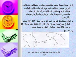 ‫قانون‬ ‫یک‬ ‫رابامطالعه‬ ‫ساکن‬ ‫مقناطیسی‬ ‫ساحه‬ ‫جانیزمبحث‬ ‫ازاین‬
‫قانون‬ ‫یک‬ ‫رابامطالعه‬ ‫ساکن‬ ‫مقناطیسی‬ ‫ساحه‬ ‫جانیزمبحث‬ ‫ازاین‬
‫کولمب‬ ‫قانون‬ ‫مشابه‬ ‫که‬ ‫امپیر‬ ‫قوه‬ ‫قانون‬ ‫به‬ ‫موسوم‬ ‫تجربی‬
‫کولمب‬ ‫قانون‬ ‫مشابه‬ ‫که‬ ‫امپیر‬ ‫قوه‬ ‫قانون‬ ‫به‬ ‫موسوم‬ ‫تجربی‬
،‫میکنیم‬ ‫شروع‬ ‫میباشد‬
،‫میکنیم‬ ‫شروع‬ ‫میباشد‬
‫های‬ ‫قوه‬ ‫بیان‬ ‫برای‬ ‫قانون‬ ‫این‬
‫های‬ ‫قوه‬ ‫بیان‬ ‫برای‬ ‫قانون‬ ‫این‬
‫بریکدیگرواردمینماید‬ ‫جریان‬ ‫دومدارحامل‬ ‫که‬ ‫مقناطیسی‬
‫بریکدیگرواردمینماید‬ ‫جریان‬ ‫دومدارحامل‬ ‫که‬ ‫مقناطیسی‬
.‫بکارمیرود‬
.‫بکارمیرود‬
‫امپیراگردومداربسته‬ ‫تجربی‬ ‫مطالعات‬ ‫براساس‬
‫امپیراگردومداربسته‬ ‫تجربی‬ ‫مطالعات‬ ‫براساس‬
C1
C1
‫و‬
‫و‬
C2
C2
‫مطابق‬
‫مطابق‬
‫های‬ ‫جریان‬ ‫)حامل‬ ‫الف‬ (‫شکل‬
‫های‬ ‫جریان‬ ‫)حامل‬ ‫الف‬ (‫شکل‬
I1
I1
‫و‬
‫و‬
I2
I2
‫جریان‬ ‫که‬ ‫باشدقوه‬
‫جریان‬ ‫که‬ ‫باشدقوه‬
I1
I1
‫برمدار‬
‫برمدار‬
C2
C2
‫اعمال‬
‫اعمال‬
‫میآید‬ ‫زیربدست‬ ‫میکندازرابط‬
‫میآید‬ ‫زیربدست‬ ‫میکندازرابط‬
.
.
( ‫رابطه‬
( ‫رابطه‬
1
1
)
)
‫های‬ ‫دومدارجریان‬ ‫شکل‬
‫های‬ ‫دومدارجریان‬ ‫شکل‬
i1
i1
‫و‬
‫و‬

2
2
‫قوه‬ ‫قانون‬ ‫بیان‬ ‫برای‬
‫قوه‬ ‫قانون‬ ‫بیان‬ ‫برای‬
‫امپیر‬
‫امپیر‬
4
4
 