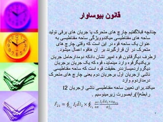 ‫بیوساوار‬ ‫قانون‬
‫بیوساوار‬ ‫قانون‬
‫تولید‬ ‫برقی‬ ‫های‬ ‫جریان‬ ‫یا‬ ‫متحرک‬ ‫های‬ ‫چارچ‬ ‫قبآلگفتیم‬ ‫چنانچه‬
‫تولید‬ ‫برقی‬ ‫های‬ ‫جریان‬ ‫یا‬ ‫متحرک‬ ‫های‬ ‫چارچ‬ ‫قبآلگفتیم‬ ‫چنانچه‬
‫به‬ ‫مقناطیسی‬ ‫ساحه‬ ‫میکندوویژگی‬ ‫مقناطیسی‬ ‫های‬ ‫ساحه‬
‫به‬ ‫مقناطیسی‬ ‫ساحه‬ ‫میکندوویژگی‬ ‫مقناطیسی‬ ‫های‬ ‫ساحه‬
‫های‬ ‫چارچ‬ ‫وقتی‬ ‫که‬ ‫است‬ ‫این‬ ‫در‬ ‫قوه‬ ‫ساحه‬ ‫یک‬ ‫عنوان‬
‫های‬ ‫چارچ‬ ‫وقتی‬ ‫که‬ ‫است‬ ‫این‬ ‫در‬ ‫قوه‬ ‫ساحه‬ ‫یک‬ ‫عنوان‬
‫بر‬ ‫قرارگیرند‬ ‫آن‬ ‫در‬ ‫متحرک‬
‫بر‬ ‫قرارگیرند‬ ‫آن‬ ‫در‬ ‫متحرک‬
.‫میشود‬ ‫اعمال‬ ‫هاقوه‬ ‫آن‬
.‫میشود‬ ‫اعمال‬ ‫هاقوه‬ ‫آن‬
‫جریان‬ ‫دومدارحامل‬ ‫دادکه‬ ‫نشان‬ ‫امپیر‬ ‫قوه‬ ‫دیگرقانون‬ ‫ازطرف‬
‫جریان‬ ‫دومدارحامل‬ ‫دادکه‬ ‫نشان‬ ‫امپیر‬ ‫قوه‬ ‫دیگرقانون‬ ‫ازطرف‬
‫مینماید‬ ‫وارد‬ ‫بریکدیگرقوه‬
‫مینماید‬ ‫وارد‬ ‫بریکدیگرقوه‬
،
،
‫برجریان‬ ‫جریان‬ ‫یک‬ ‫که‬ ‫قوه‬
‫برجریان‬ ‫جریان‬ ‫یک‬ ‫که‬ ‫قوه‬
‫مقناطیسی‬ ‫ساحه‬ ‫که‬ ‫است‬ ‫قوه‬ ‫حقیقت‬ ‫دیگرواردمیسازددر‬
‫مقناطیسی‬ ‫ساحه‬ ‫که‬ ‫است‬ ‫قوه‬ ‫حقیقت‬ ‫دیگرواردمیسازددر‬
‫متحرک‬ ‫های‬ ‫چارچ‬ ‫یعنی‬ ‫دوم‬ ‫برجریان‬ ‫اول‬ ‫ازجریان‬ ‫ناشی‬
‫متحرک‬ ‫های‬ ‫چارچ‬ ‫یعنی‬ ‫دوم‬ ‫برجریان‬ ‫اول‬ ‫ازجریان‬ ‫ناشی‬
‫وارد‬ ‫درمداردوم‬
‫وارد‬ ‫درمداردوم‬
‫ازجریان‬ ‫ناشی‬ ‫مقناطیسی‬ ‫ساحه‬ ‫تعیین‬ ‫برای‬.‫میکند‬
‫ازجریان‬ ‫ناشی‬ ‫مقناطیسی‬ ‫ساحه‬ ‫تعیین‬ ‫برای‬.‫میکند‬

2
2
‫زیرمینوسیم‬ ‫رابطه(ا)رابصورت‬
‫زیرمینوسیم‬ ‫رابطه(ا)رابصورت‬
.
.
7
7
 