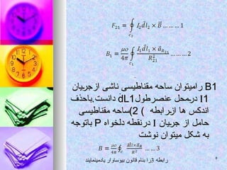 B1
B1
‫ازجریان‬ ‫ناشی‬ ‫مقناطیسی‬ ‫ساحه‬ ‫رامیتوان‬
‫ازجریان‬ ‫ناشی‬ ‫مقناطیسی‬ ‫ساحه‬ ‫رامیتوان‬

1
1
‫عنصرطول‬ ‫درمحل‬
‫عنصرطول‬ ‫درمحل‬
dL1
dL1
‫باحذف‬.‫دانست‬
‫باحذف‬.‫دانست‬
‫ازرابطه‬ ‫ها‬ ‫اندکس‬
‫ازرابطه‬ ‫ها‬ ‫اندکس‬
)
)
2
2
‫مقناطیسی‬ ‫)ساحه‬
‫مقناطیسی‬ ‫)ساحه‬
‫جریان‬ ‫از‬ ‫حامل‬
‫جریان‬ ‫از‬ ‫حامل‬


‫دلخواه‬ ‫درنقطه‬
‫دلخواه‬ ‫درنقطه‬
P
P
‫باتوجه‬
‫باتوجه‬
‫نوشت‬ ‫میتوان‬ ‫شکل‬ ‫به‬
‫نوشت‬ ‫میتوان‬ ‫شکل‬ ‫به‬
.
‫رابطه‬
3
‫یادمینمایند‬ ‫بیوساوار‬ ‫قانون‬ ‫بنام‬ ‫را‬ 8
8
 