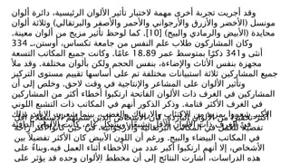 ‫ألوان‬ ‫دائرة‬ ،‫الرئيسية‬ ‫األلوان‬ ‫تأثير‬ ‫الختبار‬ ‫مهمة‬ ‫أخرى‬ ‫تجربة‬ ‫أجريت‬ ‫وقد‬
) (
‫ألوان‬ ‫وثالثة‬ ‫والبرتقالي‬ ‫واألصفر‬ ‫واألحمر‬ ‫واألرجواني‬ ‫واألزرق‬ ‫األخضر‬ ‫مونسل‬
[ ) (
‫والبيج‬ ‫والرمادي‬ ‫األبيض‬ ‫محايدة‬
10
. .]
‫معينة‬ ‫ألوان‬ ‫من‬ ‫مزيج‬ ‫تأثير‬ ‫لوحظ‬ ‫كما‬
}
}،‫أوستن‬ ،‫تكساس‬ ‫جامعة‬ ‫من‬ ‫النفس‬ ‫علم‬ ‫طالب‬ ‫المشاركون‬ ‫وكان‬
334
‫و‬ ‫أنثى‬
341
​
​
‫عمر‬ ‫بمتوسط‬ ‫ا‬ً}
‫ر‬‫ذك‬
18.89
.
‫التسعة‬ ‫المكاتب‬ ‫جميع‬ ‫وكانت‬ ‫ا‬ً‫م‬‫عا‬
.
‫مأل‬ ‫وقد‬ ‫مختلفة‬ ‫بألوان‬ ‫ولكن‬ ‫الحجم‬ ‫بنفس‬ ،‫واإلضاءة‬ ‫األثاث‬ ‫بنفس‬ ‫مجهزة‬
‫التركيز‬ ‫مستوى‬ ‫تقييم‬ ‫أساسها‬ ‫على‬ ‫تم‬ ‫مختلفة‬ ‫استبيانات‬ ‫ثالثة‬ ‫المشاركين‬ ‫جميع‬
.
‫أن‬ ‫إلى‬ ‫وخلص‬ ‫الحق‬ ‫وقت‬ ‫في‬ ‫واإلنتاجية‬ ‫المشاعر‬ ‫على‬ ‫األلوان‬ ‫وتأثير‬
‫المشاركين‬ ‫من‬ ‫أكثر‬ ‫أخطاء‬ ‫ارتكبوا‬ ‫الفاتحة‬ ‫األلوان‬ ‫ذات‬ ‫الغرف‬ ‫في‬ ‫المشاركين‬
.
‫اللوني‬ ‫التشبع‬ ‫ذات‬ ‫المكاتب‬ ‫في‬ ‫أنهم‬ ‫الذكور‬ ‫وذكر‬ ‫قتامة‬ ‫األكثر‬ ‫الغرف‬ ‫في‬
‫بذلك‬ ‫اإلناث‬ ‫شعرت‬ ‫بينما‬ ،‫والغضب‬ ‫واالرتباك‬ ‫االكتئاب‬ ‫من‬ ‫بمزيد‬ ‫}وا‬
‫ر‬‫شع‬ }
‫ر‬‫األكب‬
.
‫الدافئة‬ ‫األلوان‬ ‫كانت‬ ،‫عام‬ ‫وبشكل‬ ‫ا‬ً‫ع‬‫تشب‬ ‫األقل‬ ‫األلوان‬ ‫ذات‬ ‫الغرف‬ ‫في‬
.
‫أقل‬ ‫االستطالع‬ ‫شملهم‬ ‫الذين‬ ‫األشخاص‬ ‫كان‬ ‫الباردة‬ ‫األلوان‬ ‫من‬ ‫ا‬ً‫ز‬‫تحفي‬ ‫أكثر‬
‫راحة‬ ‫أكثر‬ ‫كانوا‬ ‫حين‬ ‫في‬ ،‫واألرجوانية‬ ‫البرتقالية‬ ‫المكاتب‬ ‫في‬ ‫للعمل‬ ً ‫تفضيال‬
.
‫بين‬ً ‫تفضيال‬ ‫األكثر‬ ‫كان‬ ‫األبيض‬ ‫اللون‬ ‫أن‬ ‫ورغم‬ ‫والبيج‬ ‫البيضاء‬ ‫المكاتب‬ ‫في‬
.
‫على‬ ً‫ء‬‫وبنا‬ ‫فيه‬ ‫العمل‬ ‫أثناء‬ ‫األخطاء‬ ‫من‬ ‫عدد‬ ‫أكبر‬ ‫ارتكبوا‬ ‫أنهم‬ ‫إال‬ ،‫األشخاص‬
‫على‬ ‫يؤثر‬ ‫قد‬ ‫وحده‬ ‫األلوان‬ ‫مخطط‬ ‫أن‬ ‫إلى‬ ‫النتائج‬ ‫أشارت‬ ،‫الدراسات‬ ‫هذه‬
 