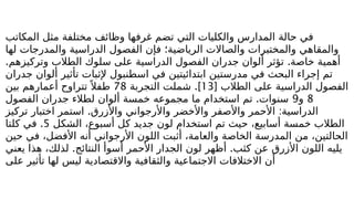 ‫المكاتب‬ ‫مثل‬ ‫مختلفة‬ ‫وظائف‬ ‫غرفها‬ ‫تضم‬ ‫التي‬ ‫والكليات‬ ‫المدارس‬ ‫حالة‬ ‫في‬
‫لها‬ ‫والمدرجات‬ ‫الدراسية‬ ‫الفصول‬ ‫فإن‬ ‫الرياضية؛‬ ‫والصاالت‬ ‫والمختبرات‬ ‫والمقاهي‬
. .
‫وتركيزهم‬ ‫الطالب‬ ‫سلوك‬ ‫على‬ ‫الدراسية‬ ‫الفصول‬ ‫جدران‬ ‫ألوان‬ ‫تؤثر‬ ‫خاصة‬ ‫أهمية‬
‫جدران‬ ‫ألوان‬ ‫تأثير‬ ‫إلثبات‬ ‫اسطنبول‬ ‫في‬ ‫ابتدائيتين‬ ‫مدرستين‬ ‫في‬ ‫البحث‬ ‫إجراء‬ ‫تم‬
[ ‫الطالب‬ ‫على‬ ‫الدراسية‬ ‫الفصول‬
13
.]
‫التجربة‬ ‫شملت‬
78
‫بين‬ ‫أعمارهم‬ ‫تتراوح‬ً ‫طفال‬
8
‫و‬
9
.
‫الفصول‬ ‫جدران‬ ‫لطالء‬ ‫ألوان‬ ‫خمسة‬ ‫مجموعه‬ ‫ما‬ ‫استخدام‬ ‫تم‬ ‫سنوات‬
. :
‫تركيز‬ ‫اختبار‬ ‫استمر‬ ‫واألزرق‬ ‫واألرجواني‬ ‫واألخضر‬ ‫واألصفر‬ ‫األحمر‬ ‫الدراسية‬
‫الشكل‬ ،‫أسبوع‬ ‫كل‬ ‫جديد‬ ‫لون‬ ‫استخدام‬ ‫تم‬ ‫حيث‬ ،‫أسابيع‬ ‫خمسة‬ ‫الطالب‬
5
.
‫كلتا‬ ‫في‬
‫حين‬ ‫في‬ ،‫األفضل‬ ‫أنه‬ ‫األرجواني‬ ‫اللون‬ ‫أثبت‬ ،‫والعامة‬ ‫الخاصة‬ ‫المدرسة‬ ‫من‬ ،‫الحالتين‬
. .
‫يعني‬ ‫هذا‬ ،‫لذلك‬ ‫النتائج‬ ‫أسوأ‬ ‫األحمر‬ ‫الجدار‬ ‫لون‬ ‫أظهر‬ ‫كثب‬ ‫عن‬ ‫األزرق‬ ‫اللون‬ ‫يليه‬
‫على‬ ‫تأثير‬ ‫لها‬ ‫ليس‬ ‫واالقتصادية‬ ‫والثقافية‬ ‫االجتماعية‬ ‫االختالفات‬ ‫أن‬
 