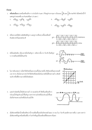 คำนวณ
1. คลื่นต่อเนื่องขบวนหนึ่งเคลื่อนที่จาก A ผ่านไปยัง B และ C ซึ่งอยู่ห่างจากจุด A เป็นระยะ
7
4
λ และ
7
2
λ ตามลำดับ ข้อใดต่อไปนี้ ที่
แสดงรูปร่างของคลื่น ณ ตำแหน่งที่จุด A, B และ C
ก. ข.
ค. ง.
2. คลื่นขบวนหนึ่งมีความสัมพันธ์ดังรูป ก และรูป ข คลื่นขบวนนี้จะเคลื่อนที่
ด้วยอัตราเร็วกี่เมตรต่อวินาที
3. คลื่นในเส้นเชือก เมื่อเวลาหนึ่งเป็นดังรูป ก. หลังจากนั้น 0.3 วินาที เป็นดังรูป
ข. ความถี่ของคลื่นนี้เป็นเท่าใด
4. ในการสังเกตพบว่า เมื่อทำให้เกิดคลื่นดลวงกลมขึ้นในถาดคลื่น รัศมีของคลื่นดลวงกลมที่
เวลา ต่างๆ เป็นไปตามกราฟ ถ้าทำให้เกิดคลื่นต่อเนื่องในถาดคลื่นนี้ด้วยความถี่ 2 เฮิรตซ์
จะเกิด คลื่นที่มีความยาวคลื่นกี่เซนติเมตร
5. แหล่งกำเนิดคลื่นน้ำสั่นด้วยความถี่ 10 รอบต่อวินาที ให้คลื่นเคลื่อนที่จาก
บริเวณน้ำลึกสู่บริเวณน้ำตื้นดังรูป จงหาว่าความเร็วคลื่นในบริเวณน้ำตื้นจะ
เป็นกี่เท่าของความเร็วคลื่นในบริเวณน้ำลึก
6. เมื่อสังเกตคลื่นผิวน้ำเคลื่อนที่พบว่าน้ำกระเพื่อมขึ้นลงเป็นจังหวะสม่ำเสมอ 15 รอบ ใน 3 วินาที และมีความยาวคลื่น 1 เมตร จงหาว่า
เมื่อสังเกตคลื่นลูกหนึ่งเคลื่อนที่ใน 4 วินาที คลื่นลูกนี้จะเคลื่อนที่ได้ระยะทางกี่เมตร
 