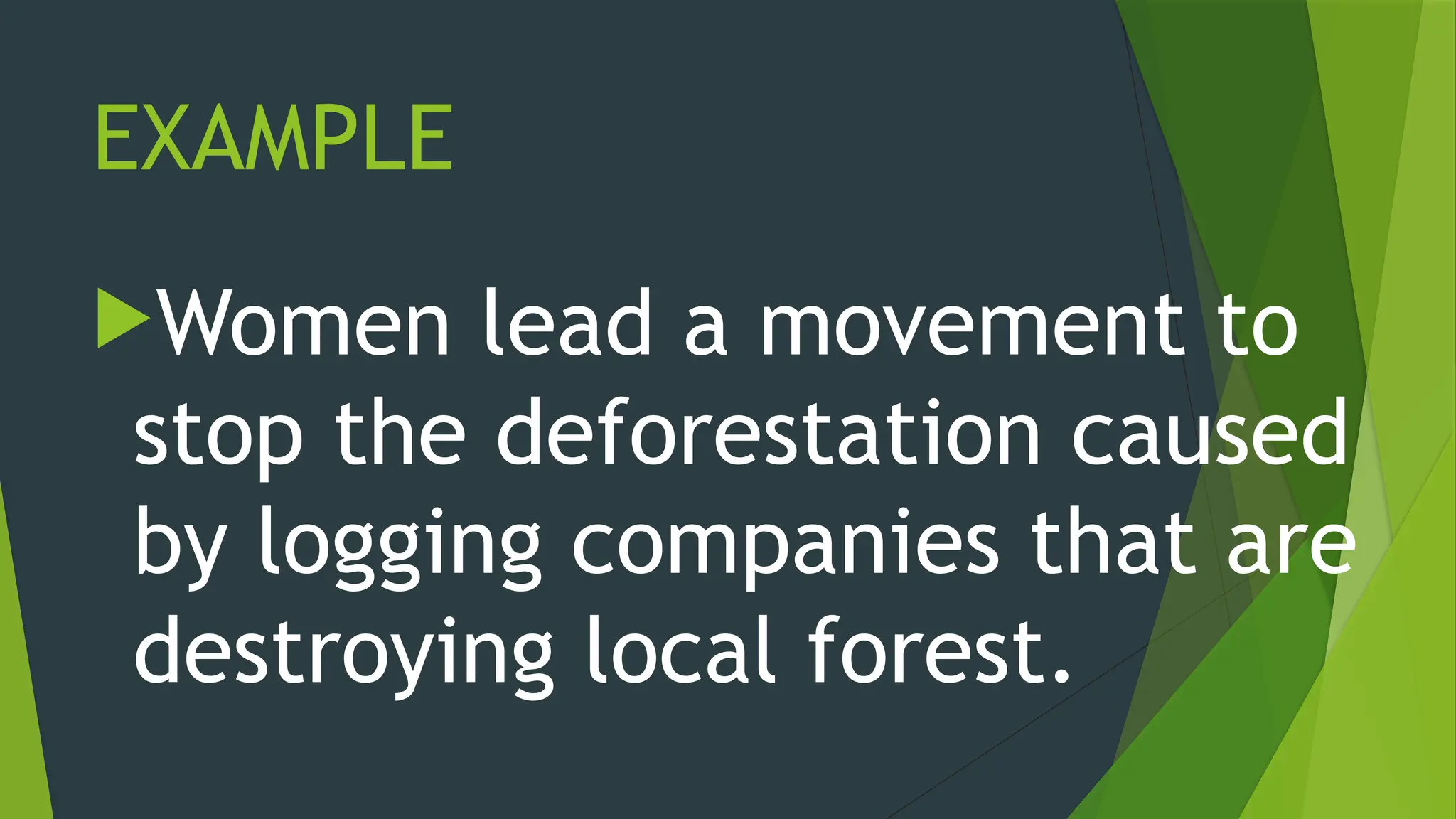 EXAMPLE
Women lead a movement to
stop the deforestation caused
by logging companies that are
destroying local forest.
 