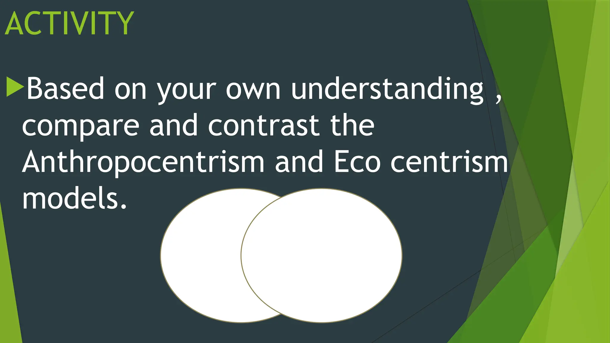 ACTIVITY
Based on your own understanding ,
compare and contrast the
Anthropocentrism and Eco centrism
models.
 