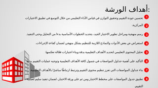 1
2
3
4
‫الورشة‬ ‫أهداف‬:
5
6
7
8
‫االختبارات‬ ‫تطبيق‬ ‫في‬ ‫التوسع‬ ‫خالل‬ ‫من‬ ‫التعليمي‬ ‫األداء‬ ‫قياس‬ ‫في‬ ‫التوازن‬ ‫وتحقيق‬ ‫التقييم‬ ‫جودة‬ ‫تحسين‬
.‫المركزية‬
.‫التنفيذ‬ ‫وحتى‬ ‫التحليل‬ ‫من‬ ‫بدءا‬ ‫األساسية‬ ‫الخطوات‬ ‫بتحديد‬ ،‫الجيد‬ ‫االختبار‬ ‫تطوير‬ ‫ومراحل‬ ‫منهجية‬ ‫رسم‬
.‫اإلجراءات‬ ‫كفاءة‬ ‫لضمان‬ ‫منهجي‬ ‫بشكل‬ ‫للتنظيم‬ ‫الالزمة‬ ‫والنماذج‬ ‫األدوات‬ ‫بعض‬ ‫ض‬ ‫استعراض‬
‫تعكسها‬ ‫الة‬ّ‫ع‬‫ف‬ ‫اختبارات‬ ‫وبناء‬ ‫بدقة‬ ‫التعليمية‬ ‫األهداف‬ ‫لتحديد‬ ‫التعليمي‬ ‫المحتوى‬ ‫تحليل‬
.
.‫بدقة‬ ‫التقييم‬ ‫عمليات‬ ‫وتوجيه‬ ‫التعليمية‬ ‫األهداف‬ ‫كافة‬ ‫شمول‬ ‫في‬ ‫المواصفات‬ ‫جداول‬ ‫أهمية‬ ‫على‬ ‫التأكيد‬
.‫التعليمية‬ ‫باألهداف‬ ‫ا‬ً‫مباشر‬ ‫ا‬ً‫ارتباط‬ ‫وترتبط‬ ‫التقييم‬ ‫محتوى‬ ‫تنظيم‬ ‫تعزز‬ ‫التي‬ ‫المواصفات‬ ‫جداول‬ ‫بناء‬
‫لعملية‬ ‫سليم‬ ‫تنفيذ‬ ‫لضمان‬ ،‫االختبار‬ ‫ورقة‬ ‫على‬ ‫ثم‬ ‫ومن‬ ‫االختبار‬ ‫مخطط‬ ‫على‬ ‫المواصفات‬ ‫جدول‬ ‫تطبيق‬
.‫التقييم‬
 