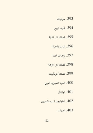 122
393
.
‫سردايت‬
394
.
‫البوح‬ ‫يد‬‫ر‬‫جت‬
395
.
‫خمتارة‬ ‫نثر‬ ‫قصائد‬
396
.
‫احلياة‬‫و‬ ‫املوت‬
397
.
‫ادبية‬ ‫ترمجات‬
398
.
‫مرتمجة‬ ‫نثر‬ ‫قصائد‬
399
.
‫يتية‬‫ر‬‫كونك‬‫قصائد‬
400
.
‫العريب‬ ‫التعبريي‬ ‫السرد‬
401
.
‫اقيال‬‫و‬‫ال‬
402
.
‫التعبريي‬ ‫السرد‬ ‫لوجيا‬‫و‬‫انط‬
403
.
‫ات‬‫ري‬‫تعب‬
 