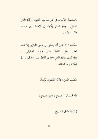 14
‫اللغوية‬ ‫معانيها‬ ‫غري‬ ‫يف‬ ‫األلفاظ‬ ‫ابستعمال‬
.
(
2
‫اجملاز‬ )
‫املسند‬ ‫بني‬ ‫اإلسناد‬ ‫يف‬ ‫يكون‬ ‫الذي‬ ‫وهو‬ : ‫العقلي‬
‫إليه‬ ‫املسند‬‫و‬
.
‫عند‬ ‫إال‬ ‫اجملازي‬ ‫املعىن‬ ‫إىل‬ ‫يصار‬ ‫أن‬ ‫جيوز‬ ‫ال‬ : ‫حكمه‬
. ‫احلقيقي‬ ‫معناه‬ ‫على‬ ‫اللفظ‬ ‫محل‬ ‫تعذر‬
. ‫به‬ ‫احلكم‬ ‫تعلق‬ ‫للفظ‬ ‫اجملازي‬ ‫املعىن‬ ‫ادة‬‫ر‬‫إ‬ ‫ثبتت‬ ‫وإذا‬
)
.‫شاهد‬ ‫له‬ ‫اتم‬ ‫هذا‬
‫الثاين‬ ‫املطلب‬
:
.ً‫ا‬‫كيب‬
‫تر‬ ‫املنطوق‬ ‫داللة‬
: ‫يح‬‫ر‬‫ص‬ ‫وغري‬ ، ‫يح‬‫ر‬‫ص‬ : ‫قسمان‬ ‫له‬‫و‬
(
1
: ‫يح‬‫ر‬‫الص‬ ‫املنطوق‬ )
 