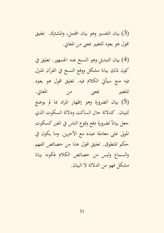 31
(
3
‫التفسري‬ ‫بيان‬ )
‫و‬
‫اجململ‬ ‫بيان‬ ‫هو‬
‫املشرتك‬‫و‬ ،
.
‫تعليق‬
.‫املعاين‬ ‫من‬ ‫مبعىن‬ ‫للتغيري‬ ‫يعود‬ ‫هو‬ ‫اقول‬
(
4
‫التبديل‬ ‫بيان‬ )
‫و‬
‫اجلمهور‬ ‫عند‬ ‫النسخ‬ ‫هو‬
‫يف‬ ‫تعليق‬ .
‫ا‬ ‫القرآن‬ ‫يف‬ ‫النسخ‬ ‫ووقع‬ ‫مشكل‬ ‫بياان‬ ‫ذلك‬ ‫كون‬
‫ملنزل‬
.‫فيه‬ ‫الكالم‬ ‫سيأيت‬ ‫منع‬ ‫فيه‬
‫ي‬ ‫هو‬ ‫اقول‬ ‫تعليق‬
‫عود‬
‫لل‬
.‫املعاين‬ ‫من‬ ‫مبعىن‬ ‫تغيري‬
(
5
‫الضرورة‬ ‫بيان‬ )
‫وهو‬
‫يوضع‬ ‫مل‬ ‫مبا‬ ‫اد‬‫ر‬‫امل‬ ‫إظهار‬
‫للبيان‬
.
‫ك‬
‫الساكت‬ ‫حال‬ ‫داللة‬
‫و‬
‫الذي‬ ‫السكوت‬ ‫داللة‬
‫كسكوت‬‫الغرر‬ ‫يف‬ ‫الناس‬ ‫وقوع‬ ‫دفع‬ ‫لضرورة‬ ً‫ان‬‫بيا‬ ‫جعل‬
‫ين‬‫ر‬‫اآلخ‬ ‫مع‬ ‫عبده‬ ‫معاملة‬ ‫على‬ ‫املوىل‬
.
‫و‬
‫يف‬ ‫يكون‬ ‫ما‬
‫املنطوق‬ ‫حكم‬
.
‫الفهم‬ ‫خصائص‬ ‫من‬ ‫هذا‬ ‫اقول‬ ‫تعليق‬
‫بياان‬ ‫فكونه‬ ‫الكالم‬ ‫خصائص‬ ‫من‬ ‫ليس‬‫و‬ ‫السماع‬‫و‬
‫مشكل‬
.‫البيان‬ ‫ال‬ ‫الداللة‬ ‫من‬ ‫فهو‬
 
