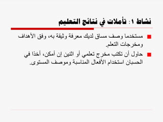 ‫نشاط‬
1
:
‫التعليم‬ ‫نتائج‬ ‫يف‬ ‫تأمالت‬
‫األهدا‬ ‫وفق‬ ،‫به‬ ‫وثيقة‬ ‫معرفة‬ ‫لديك‬ ‫مساق‬ ‫وصف‬ ‫مستخدما‬
‫ف‬
‫التعلم‬ ‫ومخرجات‬
.
‫في‬ ‫أخذا‬ ،‫أمكن‬ ‫إن‬ ‫اثنين‬ ‫أو‬ ‫تعلمي‬ ‫مخرج‬ ‫تكتب‬ ‫أن‬ ‫حاول‬
‫المستوى‬ ‫وموصف‬ ‫المناسبة‬ ‫األفعال‬ ‫استخدام‬ ‫الحسبان‬
.
 