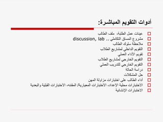 ‫المباشـرة‬ ‫التقويم‬ ‫أدوات‬
:

‫الطالب‬ ‫ملف‬ ،‫الطلبة‬ ‫عمل‬ ‫عينات‬

‫التكاملي‬ ‫المساق‬ ‫مشروع‬
discussion, lab ..

‫الطالب‬ ‫سلوك‬ ‫مالحظة‬

‫الطالب‬ ‫لمشاريع‬ ‫الداخلي‬ ‫التقويم‬

‫العملي‬ ‫األداء‬ ‫تقويم‬

‫الطالب‬ ‫لمشاريع‬ ‫الخارجي‬ ‫التقويم‬

‫العملي‬ ‫للتدريب‬ ‫الخارجي‬ ‫التقويم‬

‫الحالة‬ ‫دراسة‬

‫المشكالت‬ ‫حل‬

‫المهن‬ ‫مزاولة‬ ‫اختبارات‬ ‫على‬ ‫الطالب‬ ‫أداء‬

‫المعيارية‬ ‫االختبارات‬ ،‫اإلعداد‬ ‫محلية‬ ‫االختبارات‬
/
‫والبعدي‬ ‫القبلية‬ ‫االختبارات‬ ،‫المقننه‬
‫ة‬

‫اإلنشائية‬ ‫االختبارات‬
 