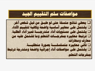 ‫اجليد‬ ‫التقييم‬ ‫سلم‬ ‫مواصفات‬

‫طب‬ ‫لو‬ ‫حىت‬ ‫متسقة‬ ‫نتائج‬ ‫يعطي‬
‫ـ‬
‫آخر‬ ‫شخص‬ ‫قبل‬ ‫من‬ ‫ق‬
.

‫ا‬ ‫لتقييم‬ ‫وكافية‬ ‫واضحة‬ ‫أساسية‬ ‫معايري‬ ‫على‬ ‫يشتمل‬
‫ألداء‬
.

‫متدرج‬ ‫أداء‬ ‫مستويات‬ ‫على‬ ‫يشتمل‬
‫ــــ‬
‫الطلبة‬ ‫أداء‬ ‫متيز‬ ‫ة‬
.

‫معاي‬ ‫ترتبط‬
‫ري‬
‫ه‬
‫مبخرج‬
‫ـــ‬
‫م‬ ‫عليه‬ ‫تشتمل‬ ‫وما‬ ‫التعلم‬ ‫ات‬
‫ن‬
‫ومهارات‬ ‫معارف‬
.

‫معاي‬ ‫تأتي‬
‫ري‬
‫ه‬
‫متسلسل‬
‫ــــ‬
‫منطقي‬ ‫بصورة‬ ‫ة‬
‫ـــ‬
‫ة‬
.

‫و‬ ‫واضحة‬ ‫إجرائية‬ ‫أداء‬ ‫مواصفات‬ ‫على‬ ‫يشتمل‬
‫م‬
‫ترت‬ ‫تدرجة‬
‫بط‬
‫التعلم‬ ‫مبخرجات‬
.
 