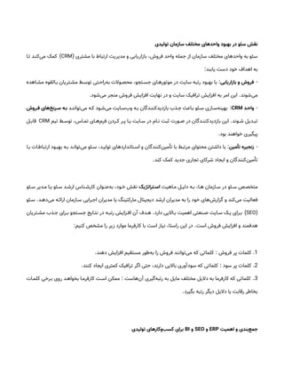 ‫تولیدی‬ ‫سازمان‬ ‫مختلف‬ ‫واحدهای‬ ‫بهبود‬ ‫در‬ ‫سئو‬ ‫نقش‬
‫مشتری‬ ‫با‬ ‫ارتباط‬ ‫مدیریت‬ ‫و‬ ‫بازاریابی‬ ،‫فروش‬ ‫واحد‬ ‫جمله‬ ‫از‬ ‫سازمان‬ ‫مختلف‬ ‫واحدهای‬ ‫به‬ ‫سئو‬
(
CRM
)
‫&ا‬&‫ت‬ ‫&د‬&‫‌کن‬
‫ی‬‫م‬ ‫کمک‬
‫یابند‬ ‫دست‬ ‫خود‬ ‫اهداف‬ ‫به‬
:
-
‫بازاریابی‬ ‫و‬ ‫فروش‬
:
‫مش&اهده‬ ‫ب&القوه‬ ‫مش&تریان‬ ‫توس&ط‬ ‫‌راح&تی‬
‫ه‬‫ب‬ ‫محص&والت‬ ،‫جس&تجو‬ ‫موتوره&ای‬ ‫در‬ ‫سایت‬ ‫رتبه‬ ‫بهبود‬ ‫با‬
‫‌شوند‬
‫ی‬‫م‬
.
‫‌شود‬
‫ی‬‫م‬ ‫منجر‬ ‫فروش‬ ‫افزایش‬ ‫نهایت‬ ‫در‬ ‫و‬ ‫سایت‬ ‫ترافیک‬ ‫افزایش‬ ‫به‬ ‫امر‬ ‫این‬
.
-
‫د‬‫واح‬
CRM
:
‫‌توانن&د‬
‫ی‬‫م‬ ‫ک&ه‬ ‫‌ش&ود‬
‫ی‬‫م‬ ‫‌س&ایت‬
‫ب‬‫و‬ ‫ب&ه‬ ‫بازدیدکنن&دگان‬ ‫ج&ذب‬ ‫ب&اعث‬ ‫س&ئو‬ ‫‌س&ازی‬
‫ه‬‫بهین‬
‫روش‬‫ف‬ ‫‌های‬
‫خ‬‫رن‬‫س‬ ‫ه‬‫ب‬
‫&وند‬&‫ش‬ ‫&دیل‬&‫تب‬
.
‫تیم‬ ‫&ط‬&‫توس‬ ،‫&اس‬&‫تم‬ ‫&ای‬&‫‌ه‬
‫م‬‫فر‬ ‫&ردن‬&‫ک‬ ‫&ر‬&‫پ‬ ‫&ا‬&‫ی‬ ‫&ایت‬&‫س‬ ‫در‬ ‫&ام‬&‫ن‬ ‫ثبت‬ ‫&ورت‬&‫ص‬ ‫در‬ ‫&دگان‬&‫بازدیدکنن‬ ‫این‬
CRM
‫&ل‬&‫قاب‬
‫بود‬ ‫خواهند‬ ‫پیگیری‬
.
-
‫تأمین‬ ‫زنجیره‬
:
‫ب&ا‬ ‫ارتباط&ات‬ ‫بهب&ود‬ ‫ب&ه‬ ‫‌توان&د‬
‫ی‬‫م‬ ‫س&ئو‬ ،‫تولی&د‬ ‫اس&تانداردهای‬ ‫و‬ ‫‌کنندگان‬
‫ن‬‫تأمی‬ ‫با‬ ‫مرتبط‬ ‫محتوای‬ ‫داشتن‬ ‫با‬
‫کند‬ ‫کمک‬ ‫جدید‬ ‫تجاری‬ ‫شرکای‬ ‫ایجاد‬ ‫و‬ ‫‌کنندگان‬
‫ن‬‫تأمی‬
.
‫&اهیت‬&‫م‬ ‫&ل‬&‫دلی‬ ‫&ه‬&‫ب‬ ،‫&ا‬&‫ه‬ ‫&ازمان‬&‫س‬ ‫در‬ ‫&ئو‬&‫س‬ ‫&ص‬&‫متخص‬
‫تراتژیک‬ ‫اس‬
‫&ئو‬&‫س‬ ‫&دیر‬&‫م‬ ‫&ا‬&‫ی‬ ‫&ئو‬&‫س‬ ‫&د‬&‫ارش‬ ‫&ناس‬&‫کارش‬ ‫&وان‬&‫‌عن‬
‫ه‬‫ب‬ ،‫&ود‬&‫خ‬ ‫نقش‬
‫&د‬&‫‌ده‬
‫ی‬‫م‬ ‫&ه‬&‫ارائ‬ ‫&ازمان‬&‫س‬ ‫&رایی‬&‫اج‬ ‫مدیران‬ ‫یا‬ ‫مارکتینگ‬ ‫دیجیتال‬ ‫ارشد‬ ‫مدیران‬ ‫به‬ ‫را‬ ‫خود‬ ‫‌های‬
‫ش‬‫گزار‬ ‫و‬ ‫‌کند‬
‫ی‬‫م‬ ‫فعالیت‬
.
‫&ئو‬&‫س‬
(
SEO
)
‫دارد‬ ‫&االیی‬&‫ب‬ ‫اهمیت‬ ‫&نعتی‬&‫ص‬ ‫&ایت‬&‫س‬ ‫&ک‬&‫ی‬ ‫&رای‬&‫ب‬
.
‫&تریان‬&‫مش‬ ‫&ذب‬&‫ج‬ ‫&رای‬&‫ب‬ ‫&تجو‬&‫جس‬ ‫&ایج‬&‫نت‬ ‫در‬ ‫&ه‬&‫رتب‬ ‫&زایش‬&‫اف‬ ‫آن‬ ‫&دف‬&‫ه‬
‫است‬ ‫فروش‬ ‫افزایش‬ ‫و‬ ‫هدفمند‬
.
‫کنیم‬ ‫مشخص‬ ‫را‬ ‫زیر‬ ‫موارد‬ ‫کارفرما‬ ‫با‬ ‫است‬ ‫نیاز‬ ،‫راستا‬ ‫این‬ ‫در‬
:
1
.
‫فروش‬ ‫پر‬ ‫کلمات‬
:
‫دهند‬ ‫افزایش‬ ‫مستقیم‬ ‫‌طور‬
‫ه‬‫ب‬ ‫را‬ ‫فروش‬ ‫‌توانند‬
‫ی‬‫م‬ ‫که‬ ‫کلماتی‬
.
2
.
‫سود‬ ‫پر‬ ‫کلمات‬
:
‫کنند‬ ‫ایجاد‬ ‫کمتری‬ ‫ترافیک‬ ‫اگر‬ ‫حتی‬ ،‫دارند‬ ‫باالیی‬ ‫سودآوری‬ ‫که‬ ‫کلماتی‬
.
3
.
‫‌هاست‬
‫ن‬‫آ‬ ‫‌گیری‬
‫ه‬‫رتب‬ ‫به‬ ‫مایل‬ ‫مختلف‬ ‫دالیل‬ ‫به‬ ‫کارفرما‬ ‫که‬ ‫کلماتی‬
:
‫کلم&ات‬ ‫ب&رخی‬ ‫روی‬ ‫بخواه&د‬ ‫کارفرم&ا‬ ‫اس&ت‬ ‫ممکن‬
‫بگیرد‬ ‫رتبه‬ ‫دیگر‬ ‫دالیل‬ ‫یا‬ ‫رقابت‬ ‫بخاطر‬
.
‫اهمیت‬ ‫و‬ ‫‌بندی‬
‫ع‬‫جم‬
ERP
‫و‬
SEO
‫و‬
BI
‫تولیدی‬ ‫‌وکارهای‬
‫ب‬‫کس‬ ‫برای‬
 