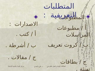 ‫الشاملة‬ ‫للتنمية‬ ‫النبالء‬ ‫مركز‬ ‫بادحدح‬ ‫علي‬ .‫د‬ ‫التطوعي‬ ‫والعمل‬ ‫العامة‬ ‫العالقات‬ 14
‫المطبوعات‬
:
‫مطبوعات‬ / ‫أ‬
‫المراسالت‬
‫تعريف‬ ‫كروت‬ / ‫ب‬
.
‫بطاقات‬ / ‫ج‬
‫تهنئة‬
.
‫المتطلبات‬
: ‫التعريفية‬
: ‫االصدارات‬
. ‫كتب‬ / ‫أ‬
. ‫أشرطة‬ / ‫ب‬
. ‫مقاالت‬ / ‫ج‬
 