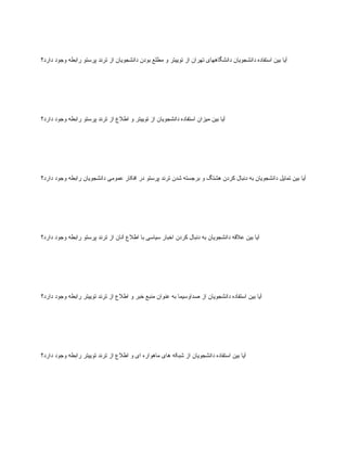 ‫دارد؟‬ ‫وجود‬ ‫رابطه‬ ‫پرستو‬ ‫ترند‬ ‫از‬ ‫دانشجویان‬ ‫بودن‬ ‫مطلع‬ ‫و‬ ‫توییتر‬ ‫از‬ ‫تهران‬ ‫دانشگاههای‬ ‫دانشجویان‬ ‫استفاده‬ ‫بین‬ ‫آیا‬
‫دارد؟‬ ‫وجود‬ ‫رابطه‬ ‫پرستو‬ ‫ترند‬ ‫از‬ ‫اطالع‬ ‫و‬ ‫توییتر‬ ‫از‬ ‫دانشجویان‬ ‫استفاده‬ ‫میزان‬ ‫بین‬ ‫آیا‬
‫دارد؟‬ ‫وجود‬ ‫رابطه‬ ‫دانشجویان‬ ‫عمومی‬ ‫افکار‬ ‫در‬ ‫پرستو‬ ‫ترند‬ ‫شدن‬ ‫برجسته‬ ‫و‬ ‫هشتگ‬ ‫کردن‬ ‫دنبال‬ ‫به‬ ‫دانشجویان‬ ‫تمایل‬ ‫بین‬ ‫آیا‬
‫دارد؟‬ ‫وجود‬ ‫رابطه‬ ‫پرستو‬ ‫ترند‬ ‫از‬ ‫آنان‬ ‫اطالع‬ ‫با‬ ‫سیاسی‬ ‫اخبار‬ ‫کردن‬ ‫دنبال‬ ‫به‬ ‫دانشجویان‬ ‫عالقه‬ ‫بین‬ ‫آیا‬
‫دارد؟‬ ‫وجود‬ ‫رابطه‬ ‫توییتر‬ ‫ترند‬ ‫از‬ ‫اطالع‬ ‫و‬ ‫خبر‬ ‫منبع‬ ‫عنوان‬ ‫به‬ ‫صداوسیما‬ ‫از‬ ‫دانشجویان‬ ‫استفاده‬ ‫بین‬ ‫آیا‬
‫دارد؟‬ ‫وجود‬ ‫رابطه‬ ‫توییتر‬ ‫ترند‬ ‫از‬ ‫اطالع‬ ‫و‬ ‫ای‬ ‫ماهواره‬ ‫های‬ ‫شبکه‬ ‫از‬ ‫دانشجویان‬ ‫استفاده‬ ‫بین‬ ‫آیا‬
 