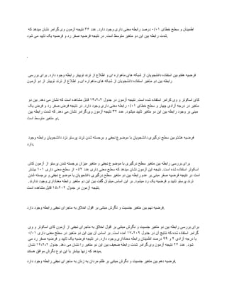 ‫خطای‬ ‫سطح‬ ‫و‬ ‫اطمینان‬
۰/۰۱
‫عدد‬ .‫دارد‬ ‫وجود‬ ‫داری‬ ‫معنی‬ ‫رابطه‬ ‫درصد‬
۳۶
‫که‬ ‫میدهد‬ ‫نشان‬ ‫گرامر‬ ‫وی‬ ‫آزمون‬ ‫نتیجه‬
‫شود‬ ‫می‬ ‫تایید‬ ‫یک‬ ‫فرضیه‬ ‫و‬ ‫رد‬ ‫صفر‬ ‫فرضیه‬ ‫نتیجه‬ ‫در‬ .‫است‬ ‫متوسط‬ ‫متغیر‬ ‫دو‬ ‫این‬ ‫بین‬ ‫رابطه‬ ‫شدت‬.
.
‫بررسی‬ ‫برای‬ .‫دارد‬ ‫وجود‬ ‫رابطه‬ ‫توییتر‬ ‫ترند‬ ‫از‬ ‫اطالع‬ ‫و‬ ‫ای‬ ‫ماهواره‬ ‫های‬ ‫شبکه‬ ‫از‬ ‫دانشجویان‬ ‫استفاده‬ ‫بین‬ ‫هفتم‬ ‫فرضیه‬
‫آزمون‬ ‫دو‬ ‫از‬ ‫توییتر‬ ‫ترند‬ ‫از‬ ‫اطالع‬ ‫و‬ ‫ای‬ ‫ماهواره‬ ‫های‬ ‫شبکه‬ ‫از‬ ‫دانشجویان‬ ‫استفاده‬ ‫متغیر‬ ‫دو‬ ‫بین‬ ‫رابطه‬
‫جدول‬ ‫در‬ ‫آزمون‬ ‫نتیجه‬ .‫است‬ ‫شده‬ ‫استفاده‬ ‫کرامر‬ ‫وی‬ ‫و‬ ‫اسکوتر‬ ‫کای‬
۲
-
۲
-
۱۴
‫دو‬ ‫بین‬ .‫دهد‬ ‫می‬ ‫نشان‬ ‫که‬ ‫است‬ ‫مشاهده‬ ‫قابل‬
‫خطای‬ ‫سطح‬ ‫و‬ ‫چهار‬ ‫آزادی‬ ‫درجه‬ ‫در‬ ‫متغیر‬
۰/۰۱
‫یک‬ ‫فرض‬ ‫و‬ ‫رد‬ ‫صفر‬ ‫فرض‬ ‫نتیجه‬ ‫در‬ .‫دارد‬ ‫وجود‬ ‫داری‬ ‫معنی‬ ‫رابطه‬
‫عدد‬ .‫میشود‬ ‫تأیید‬ ‫متغیر‬ ‫دو‬ ‫این‬ ‫بین‬ ‫رابطه‬ ‫وجود‬ ‫بر‬ ‫مبنی‬
۳۲
‫بین‬ ‫رابطه‬ ‫شدت‬ ‫که‬ .‫دهد‬ ‫می‬ ‫نشان‬ ‫گرامر‬ ‫وی‬ ‫آزمون‬ ‫نتیجه‬
‫است‬ ‫متوسط‬ ‫متغیر‬ ‫دو‬.
‫وجود‬ ‫رابطه‬ ‫دانشجویان‬ ‫نزد‬ ‫پرستو‬ ‫ترند‬ ‫شدن‬ ‫برجسته‬ ‫و‬ ‫نجفی‬ ‫موضوع‬ ‫با‬ ‫دانشجویان‬ ‫درگیری‬ ‫سطح‬ ‫بین‬ ‫هشتم‬ ‫فرضیه‬
‫دارد‬.
‫کای‬ ‫آزمون‬ ‫از‬ ‫پرستو‬ ‫شدن‬ ‫برجسته‬ ‫میزان‬ ‫متغیر‬ ‫و‬ ‫نجفی‬ ‫موضوع‬ ‫با‬ ‫درگیری‬ ‫سطح‬ ‫متغیر‬ ‫بین‬ ‫رابطه‬ ‫بررسی‬ ‫برای‬
‫عدد‬ ‫داری‬ ‫معنی‬ ‫سطح‬ ‫که‬ ‫میدهد‬ ‫نشان‬ ‫آزمون‬ ‫این‬ ‫نتیجه‬ .‫است‬ ‫شده‬ ‫استفاده‬ ‫اسکوتر‬
۰۵۲
‫داری‬ ‫معنی‬ ‫سطح‬ ‫از‬
۱۰۱
‫بیشتر‬
‫شدن‬ ‫برجسته‬ ‫و‬ ‫نجفی‬ ‫موضوع‬ ‫با‬ ‫دانشجویان‬ ‫درگیری‬ ‫سطح‬ ‫متغیر‬ ‫دو‬ ‫بین‬ ‫رابطه‬ ‫عدم‬ ‫بر‬ ‫مبنی‬ ‫صفر‬ ‫فرضیه‬ ‫نتیجه‬ ‫در‬ ‫است‬
.‫ندارند‬ ‫وجود‬ ‫معناداری‬ ‫رابطه‬ ‫متغیر‬ ‫دو‬ ‫این‬ ‫بین‬ ‫گفت‬ ‫میتوان‬ ‫اساس‬ ‫این‬ ‫بر‬ .‫میشود‬ ‫رد‬ ‫یک‬ ‫فرضیه‬ ‫و‬ ‫تایید‬ ‫پرستو‬ ‫ترند‬
‫جدول‬ ‫در‬ ‫آزمون‬ ‫نتیجه‬
۲۰۲
-
۱۵
‫است‬ ‫مشاهده‬ ‫قابل‬ .
‫دارد‬ ‫وجود‬ ‫رابطه‬ ‫نجفی‬ ‫ماجرای‬ ‫به‬ ‫اخالق‬ ‫اقول‬ ‫بر‬ ‫مبتنی‬ ‫نگرش‬ ‫و‬ ‫جنسیت‬ ‫متغیر‬ ‫بین‬ ‫نهم‬ ‫فرضیه‬.
‫وی‬ ‫و‬ ‫اسکوتر‬ ‫کای‬ ‫آزمون‬ ‫از‬ ‫نجفی‬ ‫ماجرای‬ ‫به‬ ‫اخالق‬ ‫اقول‬ ‫بر‬ ‫مبتنی‬ ‫نگرش‬ ‫و‬ ‫جنسیت‬ ‫متغیر‬ ‫دو‬ ‫بین‬ ‫رابطه‬ ‫بررسی‬ ‫برای‬
‫جدول‬ ‫در‬ ‫آن‬ ‫نتایج‬ ‫که‬ ‫شده‬ ‫استفاده‬ ‫گرامر‬
۲۰۹
-
۱۷
‫داری‬ ‫معنی‬ ‫سطح‬ ‫در‬ ‫متغیر‬ ‫دو‬ ‫این‬ ‫بین‬ ‫آن‬ ‫اساس‬ ‫بر‬ .‫است‬ ‫آمده‬
۰/۰۱
‫آزادی‬ ‫درجه‬ ‫با‬
۲
‫و‬
۹۹
‫می‬ ‫رد‬ ‫صفر‬ ‫فرضیه‬ ‫و‬ ‫تایید‬ ‫یک‬ ‫فرضیه‬ ‫نتیجه‬ ‫در‬ .‫دارد‬ ‫وجود‬ ‫معناداری‬ ‫رابطه‬ ‫اطمینان‬ ‫درصد‬
‫عدد‬ .‫شود‬
۲۴
‫جدول‬ .‫دهد‬ ‫می‬ ‫نشان‬ ‫را‬ ‫متغیر‬ ‫دو‬ ‫این‬ ‫بین‬ ‫ضعیف‬ ‫رابطه‬ ‫شدت‬ ‫گرامر‬ ‫وی‬ ‫آزمون‬ ‫نتیجه‬
۲
-
۲
-
۱۶
‫نشان‬
‫هستند‬ ‫موافق‬ ‫نگرش‬ ‫نوع‬ ‫این‬ ‫با‬ ‫بیشتر‬ ‫زنها‬ ‫که‬ ‫میدهد‬.
‫دارد‬ ‫وجود‬ ‫رابطه‬ ‫نجفی‬ ‫ماجرای‬ ‫به‬ ‫زنان‬ ‫به‬ ‫مردان‬ ‫ظلم‬ ‫بر‬ ‫مبتنی‬ ‫نگرش‬ ‫و‬ ‫جنسیت‬ ‫متغیر‬ ‫بین‬ ‫دهم‬ ‫فرضیه‬.
 