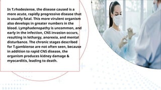 In T.rhodesiense, the disease caused is a
more acute, rapidly progressive disease that
is usually fatal. This more virulent organism
also develops in greater numbers in the
blood. Lymphadenopathy is uncommon, and
early in the infection, CNS invasion occurs,
resulting in lethargy, anorexia, and mental
disturbance. The chronic stages described
for T.gambiense are not often seen, because
in addition to rapid CNS disease, the
organism produces kidney damage &
myocarditis, leading to death.
 