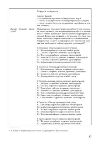 85
5) окружні прокуратури.
Основні функції:
— підтримання державного обвинувачення в суді;
— нагляд за додержанням законів при проведенні слідства;
— представлення інтересів громадянина в суді (лише в пев-
них випадках).
Місцеві державні адміні-
страції
Місцеві органи виконавчої влади, які забезпечують виконан-
ня законодавства та рішень органів виконавчої влади вищого
рівня в межах відповідної адміністративно-територіальної
одиниці. Виконують державні та регіональні програми роз-
витку, взаємодіють з органами місцевого самоврядування.
Утворюються та діють за територіальним принципом, поді-
ляються на обласні та районні державні адміністрації11.
1. Вінницька обласна державна адміністрація
1.1. Вінницька районна державна адміністрація
1.2. Гайсинська районна державна адміністрація
1.3. Жмеринська районна державна адміністрація
1.4. Могилів-Подільська районна державна адміністрація
1.5. Тульчинська районна державна адміністрація
1.6. Хмільницька районна державна адміністрація
2. Волинська обласна державна адміністрація
2.1. Володимирська районна державна адміністрація
2.2. Камінь-Каширська районна державна адміністрація
2.3. Ковельська районна державна адміністрація
2.4. Луцька районна державна адміністрація
3. Дніпропетровська обласна державна адміністрація
3.1. Дніпровська районна державна адміністрація
3.2. Кам’янська районна державна адміністрація
3.3. Криворізька районна державна адміністрація
3.4. Нікопольська районна державна адміністрація
3.5. Новомосковська районна державна адміністрація
3.6. Павлоградська районна державна адміністрація
3.7. Синельниківська районна державна адміністрація
4. Донецька обласна державна адміністрація
4.1. Краматорська районна державна адміністрація
4.2. Маріупольська районна державна адміністрація
4.3. Бахмутська районна державна адміністрація
4.4. Покровська районна державна адміністрація
4.5. Волноваська районна державна адміністрація
5. Житомирська обласна державна адміністрація
5.1. Житомирська районна державна адміністрація
5.2. Бердичівська районна державна адміністрація
11 У зв’язку із введенням воєнного стану інформація може бути неповною.
 