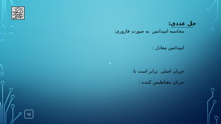 :‫عددی‬ ‫حل‬
14
:‫فازوری‬ ‫صورت‬ ‫به‬ ‫امپدانس‬ ‫محاسبه‬
: ‫معادل‬ ‫امپدانس‬
°
:‫با‬ ‫است‬ ‫برابر‬ ‫اصلی‬ ‫جریان‬
: ‫کننده‬ ‫مغناطیس‬ ‫جریان‬
 