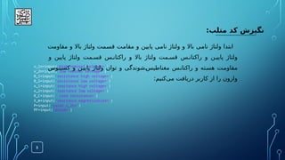 8
:‫متلب‬ ‫کد‬ ‫نگیزش‬
v_1n=input('high nominal voltage=')
v_2n=input('low nominal voltage=')
R_1=input('resistance high voltage=')
R_2=input('resistance low voltage=')
x_1=input('reactance high voltage=')
x_2=input('reactance low voltage=')
R_C=input(' core resistance=')
X_m=input('reactance magnetization=')
P=input('tavan v_2n=')
PF=input('acosd=')
‫مقاومت‬ ‫و‬ ‫باال‬ ‫ولتاژ‬ ‫مت‬.
‫س‬‫ق‬ ‫ت‬.
‫م‬‫مقا‬ ‫و‬ ‫ن‬.
‫ی‬‫پای‬ ‫ی‬.
‫م‬‫نا‬ ‫ولتاژ‬ ‫و‬ ‫باال‬ ‫ی‬.
‫م‬‫نا‬ ‫ولتاژ‬ ‫ابتدا‬
‫و‬ ‫پایین‬ ‫ولتاژ‬ ‫مت‬.‫قس‬ ‫س‬.‫راکتان‬ ‫و‬ ‫باال‬ ‫ولتاژ‬ ‫مت‬.‫قس‬ ‫س‬.‫راکتان‬ ‫و‬ ‫ن‬.‫پایی‬ ‫ولتاژ‬
‫کسینوس‬ ‫و‬ ‫ن‬.‫ی‬‫پای‬ ‫ولتاژ‬ ‫توان‬ ‫و‬ ‫‌شوندگی‬
.‫س‬‫مغناطی‬ ‫س‬.‫ن‬‫راکتا‬ ‫و‬ ‫ته‬.‫س‬‫ه‬ ‫ت‬.‫م‬‫مقاو‬
:‫‌کنیم‬
‫ی‬‫م‬ ‫دریافت‬ ‫کاربر‬ ‫از‬ ‫را‬ ‫وارون‬
 
