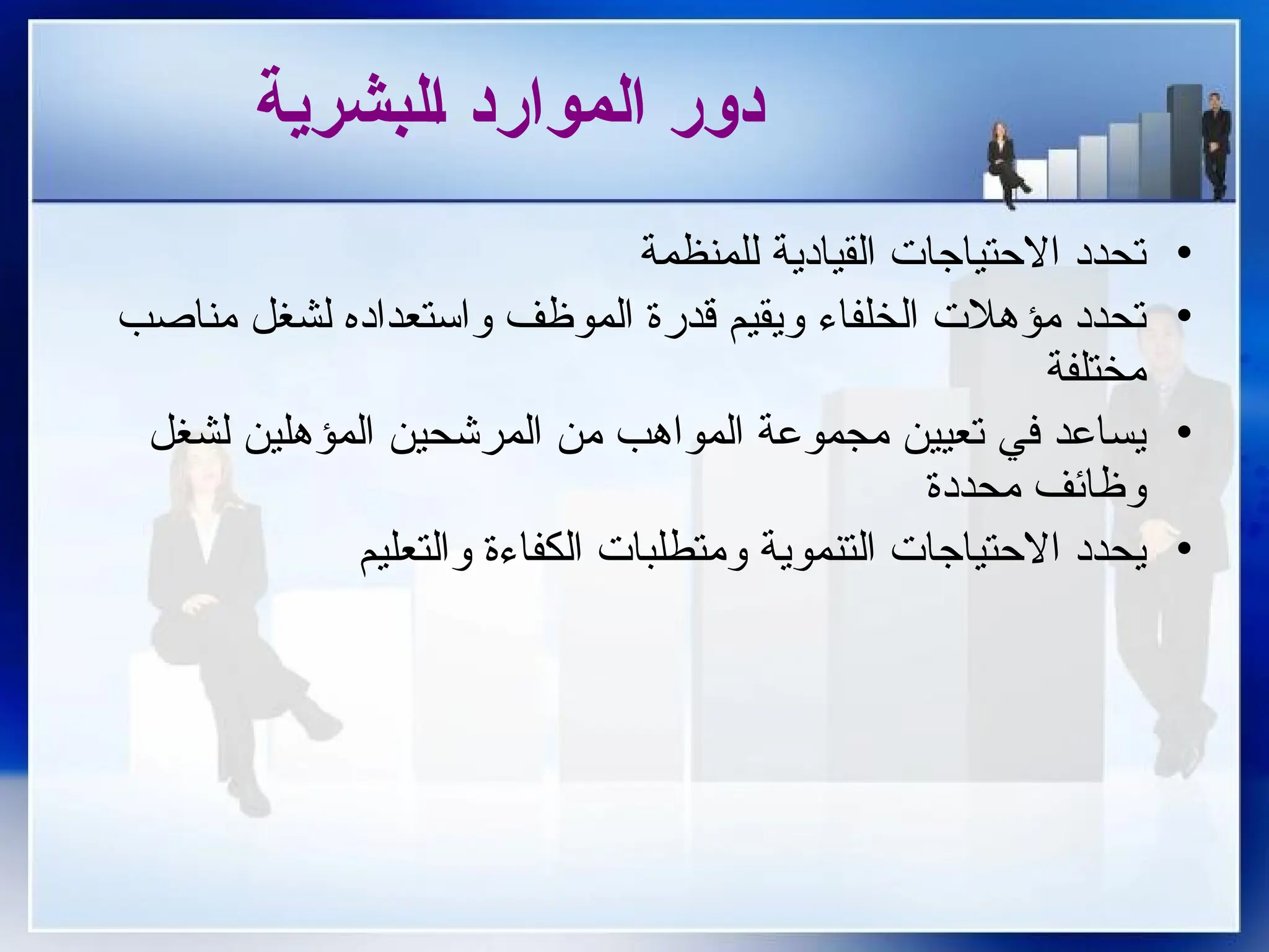 ‫لبشرية‬0‫ا‬ ‫الموارد‬ ‫دور‬
•
‫للمنظمة‬ ‫القيادية‬ ‫االحتياجات‬ ‫تحدد‬
•
‫مناصب‬ ‫لشغل‬ ‫واستعداده‬ ‫الموظف‬ ‫قدرة‬ ‫ويقيم‬ ‫الخلفاء‬ ‫مؤهالت‬ ‫تحدد‬
‫مختلفة‬
•
‫لشغل‬ ‫المؤهلين‬ ‫المرشحين‬ ‫من‬ ‫المواهب‬ ‫مجموعة‬ ‫تعيين‬ ‫في‬ ‫يساعد‬
‫محددة‬ ‫وظائف‬
•
‫والتعليم‬ ‫الكفاءة‬ ‫ومتطلبات‬ ‫التنموية‬ ‫االحتياجات‬ ‫يحدد‬
 