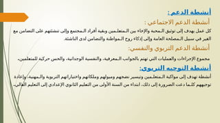 ‫أن‬
‫الدعم‬ ‫شطة‬
:
: ‫االجتماعي‬ ‫الدعم‬ ‫أنشطة‬
‫مع‬ ‫التضامن‬ ‫على‬ ‫تنشئتهم‬ ‫وإلى‬ ‫الـمجتمع‬ ‫أفراد‬ ‫وبقية‬ ‫_لـمين‬
‫ع‬‫الـمت‬ ‫بين‬ ‫واإلخاء‬ ‫الـمحبة‬ ‫توثيق‬ ‫إلى‬ ‫يهدف‬ ‫عمل‬ ‫كل‬
.‫الناشئة‬ ‫لدى‬ ‫والتضامن‬ ‫الـمواطنة‬ ‫روح‬ ‫إذكاء‬ ‫وإلى‬ ‫العامة‬ ‫الـمصلحة‬ ‫سبيل‬ ‫في‬ ‫_ير‬
‫غ‬‫ال‬
:‫والنفسي‬ ‫التربوي‬ ‫الدعم‬ ‫أنشطة‬
‫_لمين‬
‫ع‬‫للمت‬ ‫حركية‬ ‫والحس‬ ،‫الوجدانية‬ ‫والنفسية‬ ،‫الـمعرفية‬ ‫بالجوانب‬ ‫تهتم‬ ‫التي‬ ‫_مليات‬
‫ع‬‫وال‬ ‫اإلجراءات‬ ‫مجموع‬
.
:‫التربوي‬ ‫التوجيه‬ ‫أنشطة‬
‫وإعادة‬ ،‫والـمهنية‬ ‫التربوية‬ ‫واختياراتهم‬ ‫وملكاتهم‬ ‫وميولهم‬ ‫_جهم‬
‫ض‬‫ن‬ ‫وتيسير‬ ‫الـمتعلـمين‬ ‫مواكبة‬ ‫إلى‬ ‫تهدف‬ ‫أنشطة‬
‫_الي‬
‫ع‬‫ال‬ ‫التعليم‬ ‫إلى‬ ‫اإلعدادي‬ ‫الثانوي‬ ‫_ليم‬
‫ع‬‫الت‬ ‫من‬ ‫األولى‬ ‫السنة‬ ‫من‬ ‫ابتداء‬ ،‫ذلك‬ ‫إلى‬ ‫الضرورة‬ ‫دعت‬ ‫كلـما‬ ‫توجيههم‬
.
 