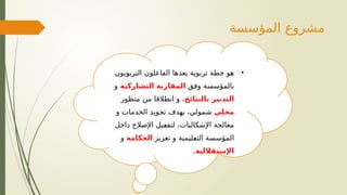 ‫المؤسسة‬ ‫مشروع‬
•
‫التربويون‬ ‫الفاعلون‬ ‫يعدها‬ ‫تربوية‬ ‫خطة‬ ‫هو‬
‫وفق‬ ‫بالمؤسسة‬
‫التشاركية‬ ‫المقاربة‬
‫و‬
‫التدبير‬
‫بالنتائج‬
‫منظور‬ ‫من‬ ‫انطالقا‬ ‫و‬ ،
‫محلي‬
‫و‬ ‫الخدمات‬ ‫تجويد‬ ‫بهدف‬ ،‫شمولي‬
‫داخل‬ ‫اإلصالح‬ ‫_يل‬
‫ع‬‫لتف‬ ،‫اإلشكاليات‬ ‫معالجة‬
‫تعزيز‬ ‫و‬ ‫_ليمية‬
‫ع‬‫الت‬ ‫المؤسسة‬
‫الحكامة‬
‫و‬
‫اإلستقاللية‬
.
 