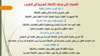 ‫التحديات‬
:‫المغرب‬ ‫في‬ ‫ـية‬‫ز‬‫الموا‬ ‫األنشطة‬ ‫تواجه‬ ‫التي‬
1
‫والتقني‬ ‫المالية‬ ‫الموارد‬ ‫قلة‬ .
‫ة‬
.‫األنشطة‬ ‫لتنظيم‬ ‫المالي‬ ‫والدعم‬ ‫التمويل‬ ‫نقص‬
.‫األنشطة‬ ‫بعض‬ ‫لتنفيذ‬ ‫الالزمة‬ ‫التحتية‬ ‫والبنية‬ ‫التقنية‬ ‫التجهيزات‬ ‫قلة‬
2
‫اإلدارية‬ ‫واإلجراءات‬ ‫البيروقراطية‬ .
.‫واألنشطة‬ ‫الفعاليات‬ ‫لتنظيم‬ ‫المطلوبة‬ ‫والتصاريح‬ ‫اإلدارية‬ ‫اإلجراءات‬ ‫تعقيد‬
.‫المعنية‬ ‫الحكومية‬ ‫الجهات‬ ‫بين‬ ‫والتنسيق‬ ‫التنظيم‬ ‫ضعف‬
3
‫والمشاركة‬ ‫الوعي‬ ‫نقص‬ .
.‫المجتمع‬ ‫في‬ ‫الفئات‬ ‫بعض‬ ‫بين‬ ‫الموازية‬ ‫األنشطة‬ ‫في‬ ‫المشاركة‬ ‫بأهمية‬ ‫الوعي‬ ‫قلة‬
.‫االجتماعية‬ ‫أو‬ ‫الدراسية‬ ‫الضغوط‬ ‫بسبب‬ ‫الموازية‬ ‫األنشطة‬ ‫في‬ ‫بالمشاركة‬ ‫الشباب‬ ‫بعض‬ ‫من‬ ‫الكافي‬ ‫االهتمام‬ ‫عدم‬
4
‫والعادات‬ ‫الثقافة‬ .
.‫واألنشطة‬ ‫الفعاليات‬ ‫بعض‬ ‫تنظيم‬ ‫تعوق‬ ‫قد‬ ‫ثقافية‬ ‫تحديات‬
.‫الموازية‬ ‫األنشطة‬ ‫بعض‬ ‫أمام‬ ‫ا‬ً
‫ق‬‫عائ‬ ‫تكون‬ ‫قد‬ ‫التي‬ ‫والتقاليد‬ ‫العادات‬ ‫بعض‬
 