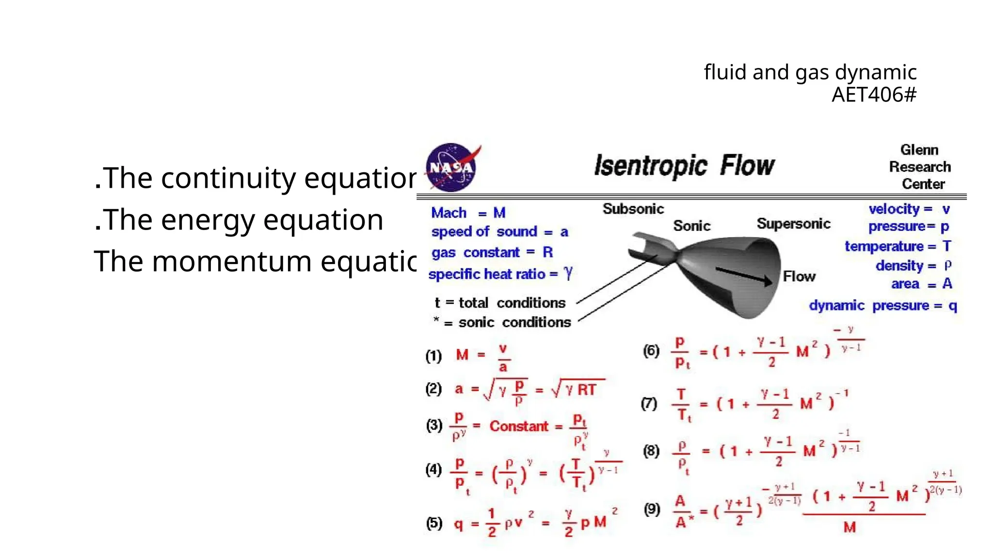 fluid and gas dynamic
AET406#
The continuity equation
.
The energy equation
.
-
The momentum equation
 