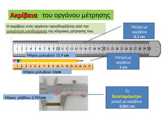 Η ακρίβεια ενός οργάνου προσδιορίζεται από την
μικρότερη υποδιαίρεση της κλίμακας μέτρησης του.
Ακρίβεια του οργάνου μέτρησης
Μετρά με
ακρίβεια
0,1 cm
Μετρά με
ακρίβεια
1 cm
Μήκος μολυβιού 15,9 cm
Μήκος μολυβιού 16cm
Το
διαστημόμετρο
μετρά με ακρίβεια
0,001 cm
Μήκος ράβδου 2,965cm
 